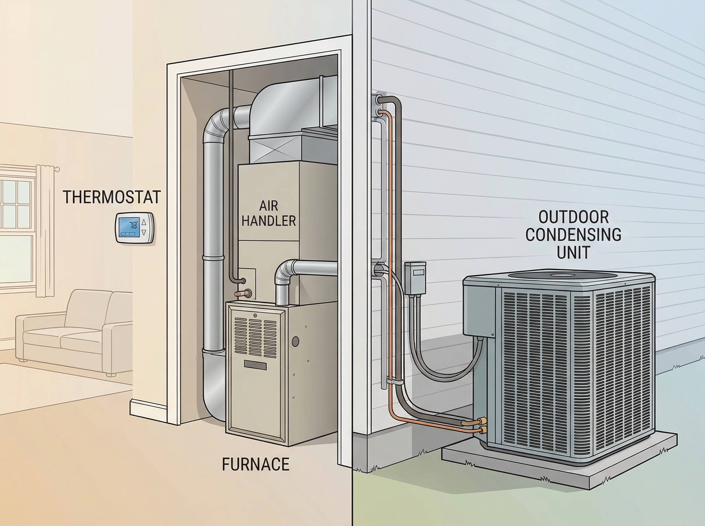 An exploded view illustration of a residential HVAC system showcasing its main components, including the furnace, air handler