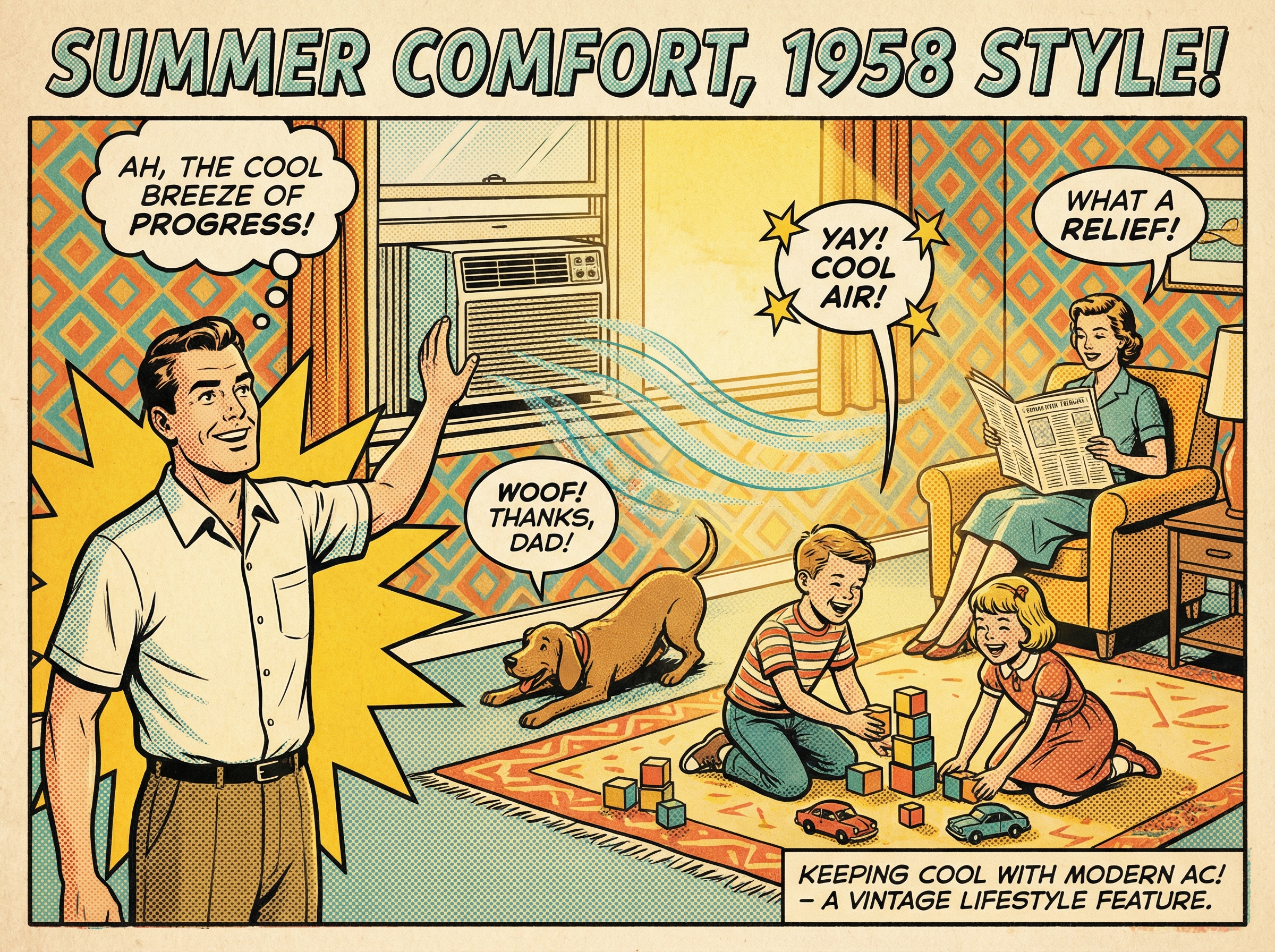 A vintage-style scene depicting a family sitting comfortably in their living room on a hot summer day