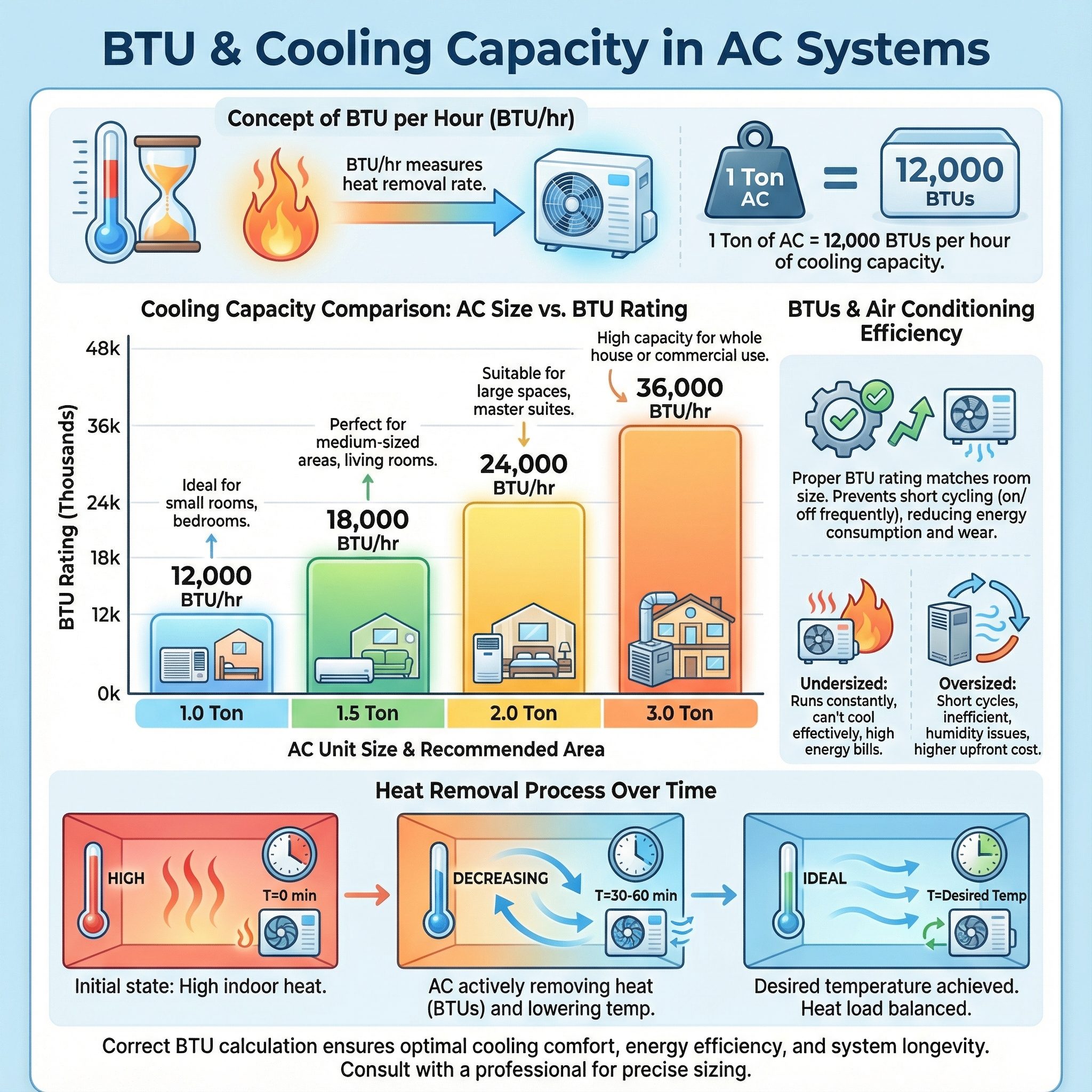 An infographic displaying the relationship between BTU and cooling capacity in air conditioning systems