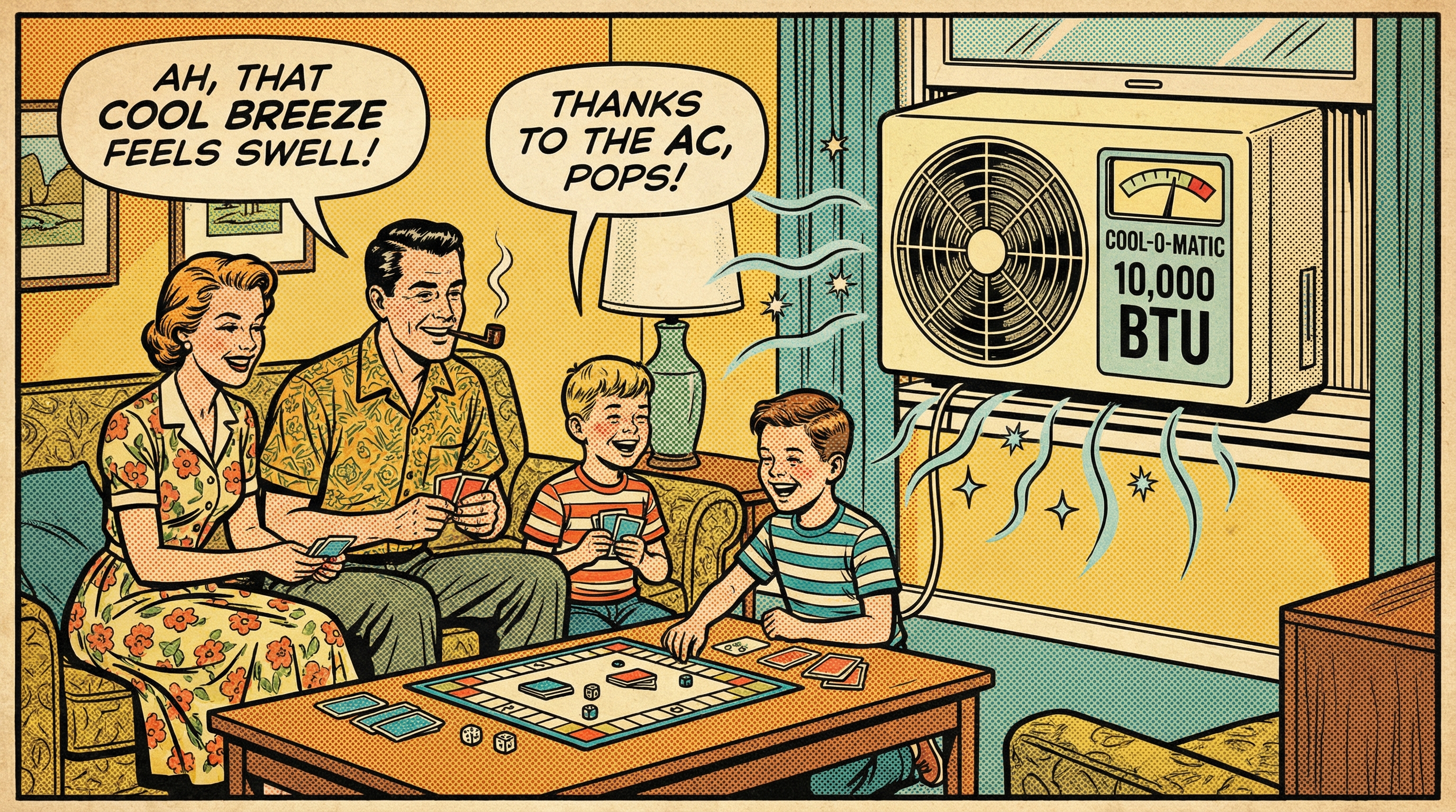 A cheerful family sitting in a vintage living room, enjoying a summer day with a classic air conditioning unit prominently di