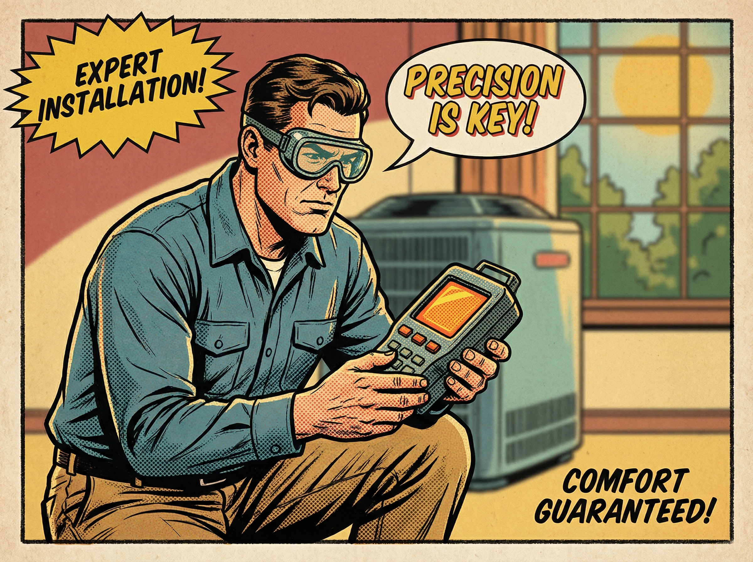 A skilled HVAC technician is meticulously measuring ductwork dimensions inside a sunny suburban home