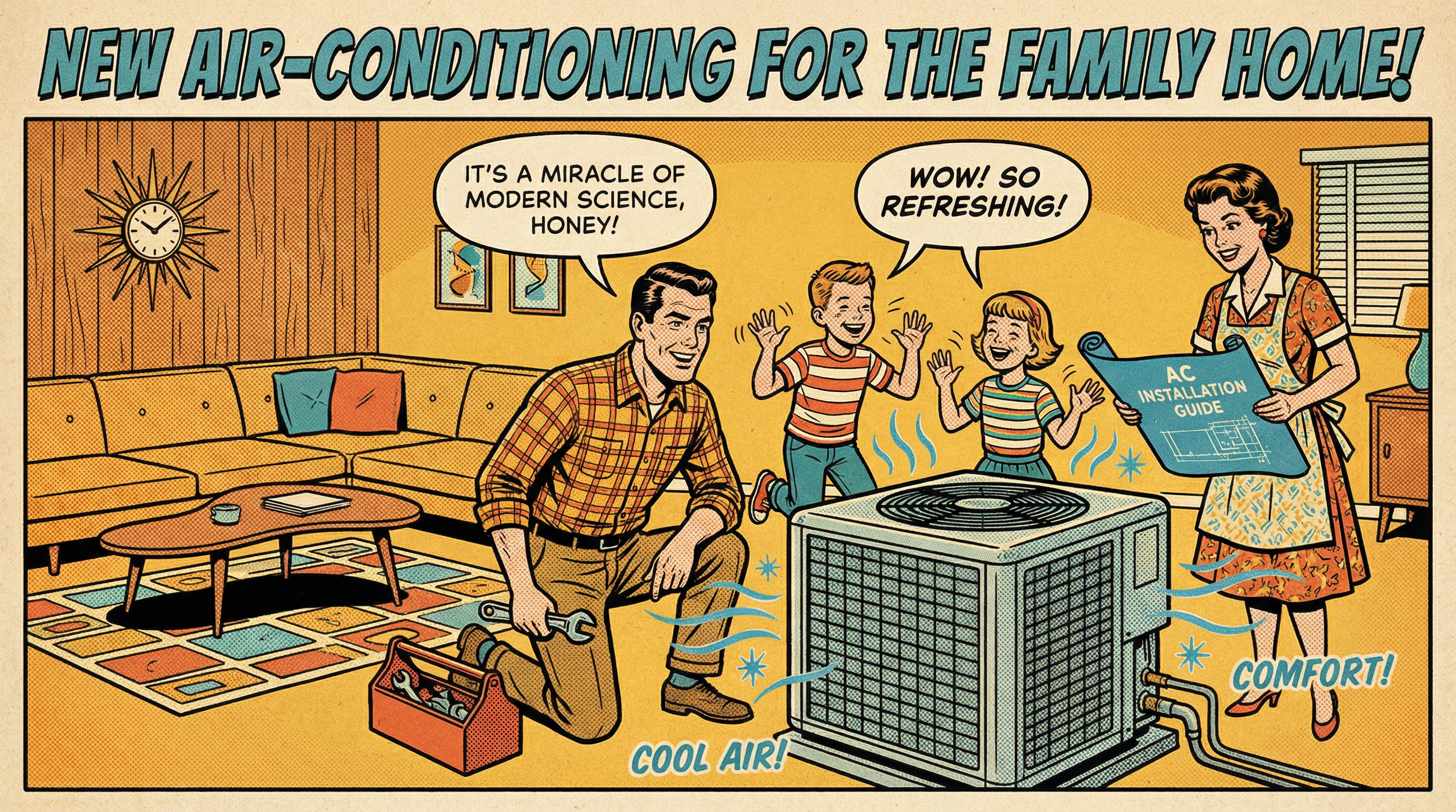 A vintage-style comic illustration featuring a cheerful family in their 1960s home, excitedly gathered around a newly install