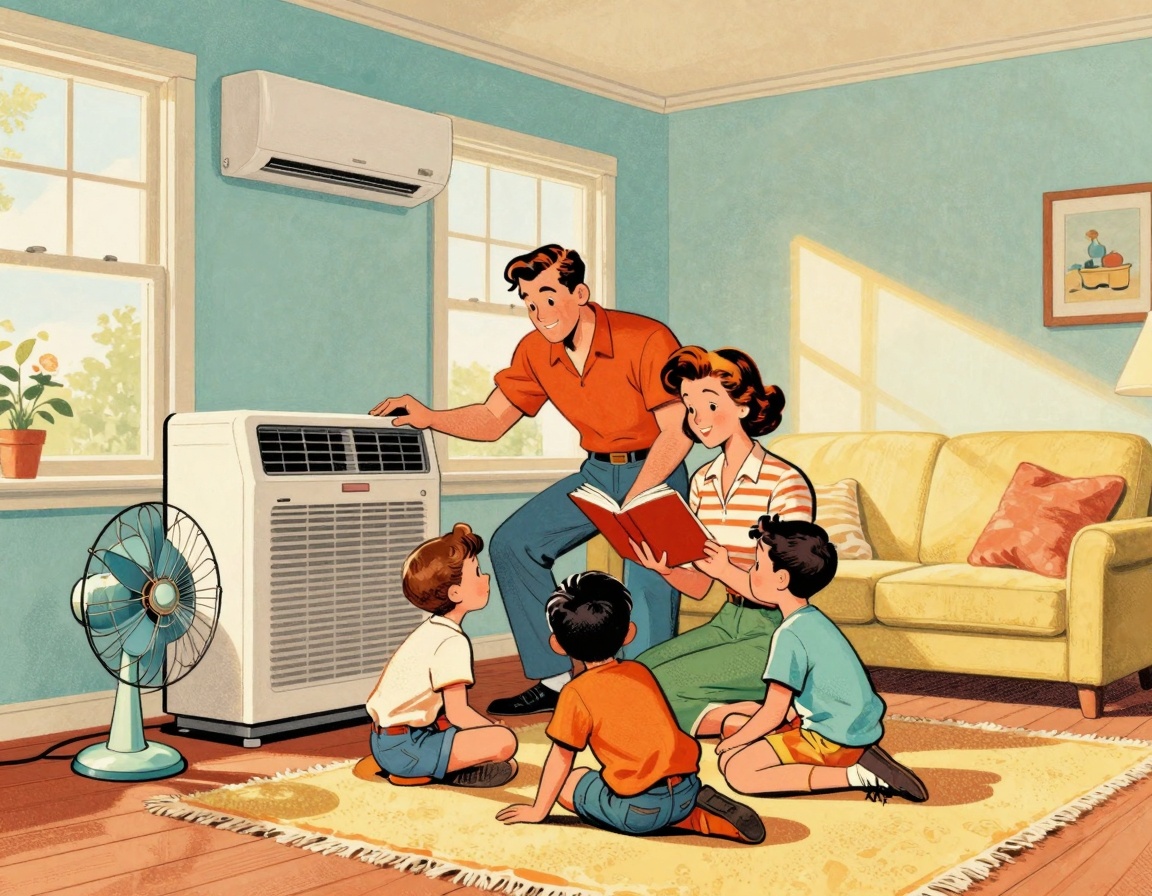 A vintage 1950s-style living room featuring a family gathered around a classic air conditioning unit