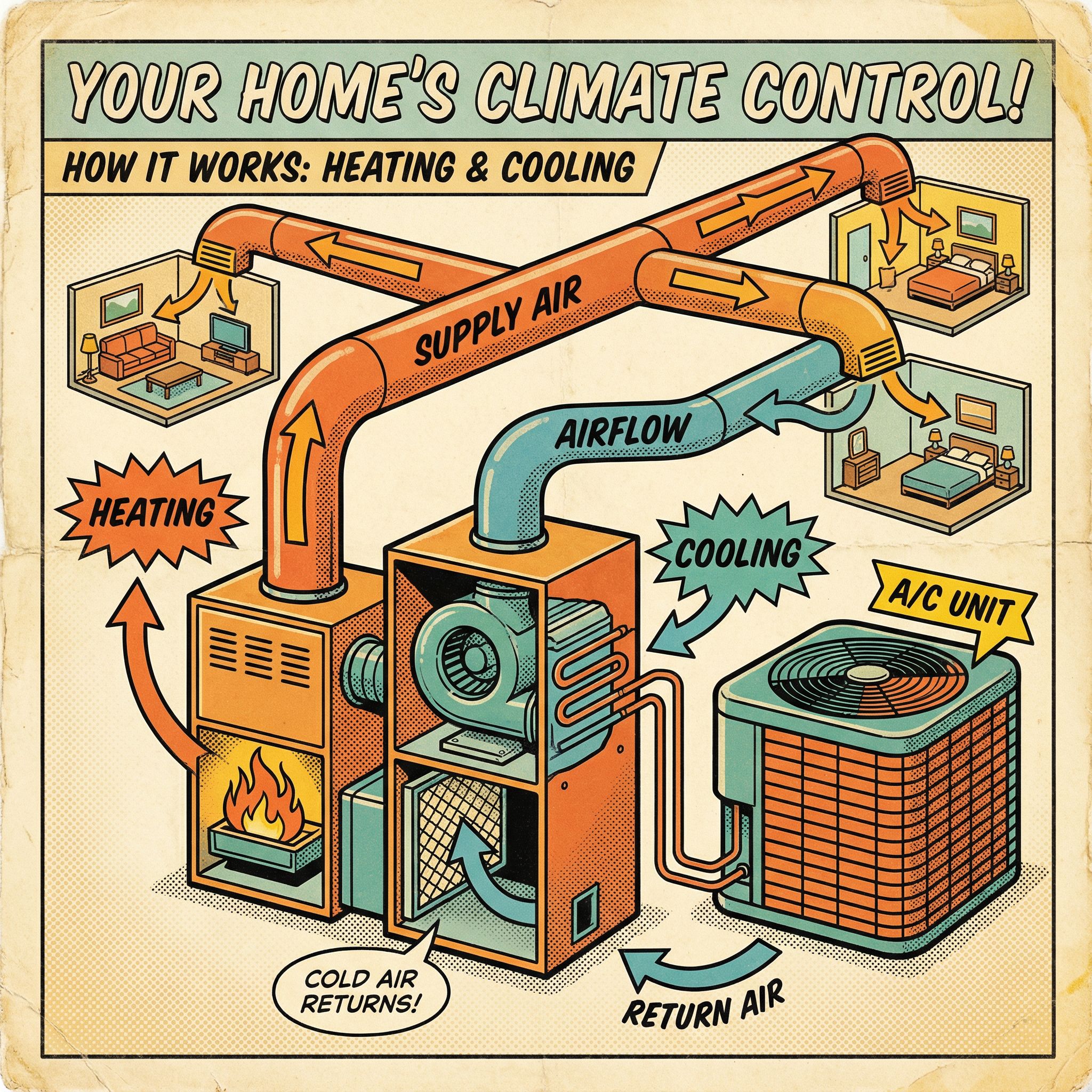 A cutaway view of a residential HVAC system, showcasing the components such as the furnace, air handler, and ductwork, along 