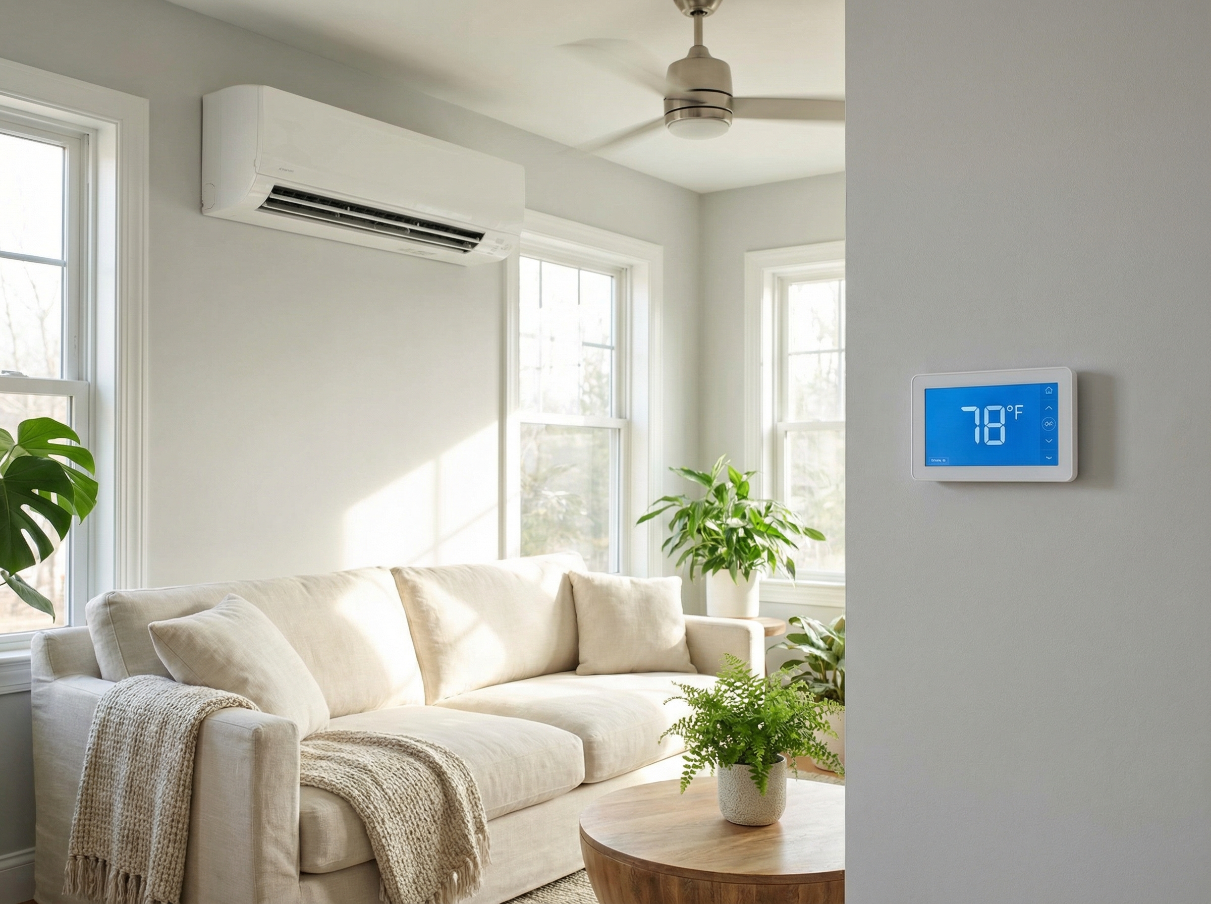 An air conditioning unit installed in a modern home interior, showcasing the thermostat set to 78 F