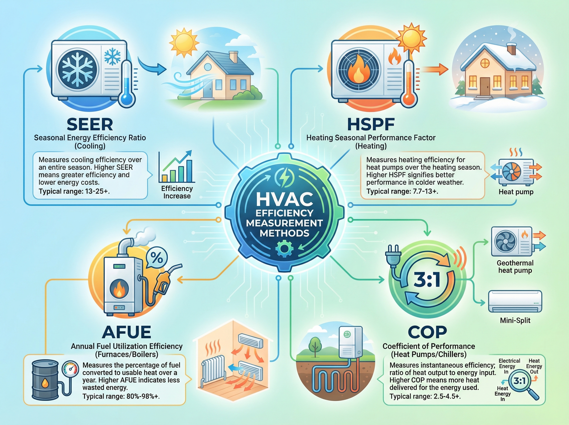 An informative diagram depicting various residential HVAC system types, including a geothermal heat pump, air-source heat pum