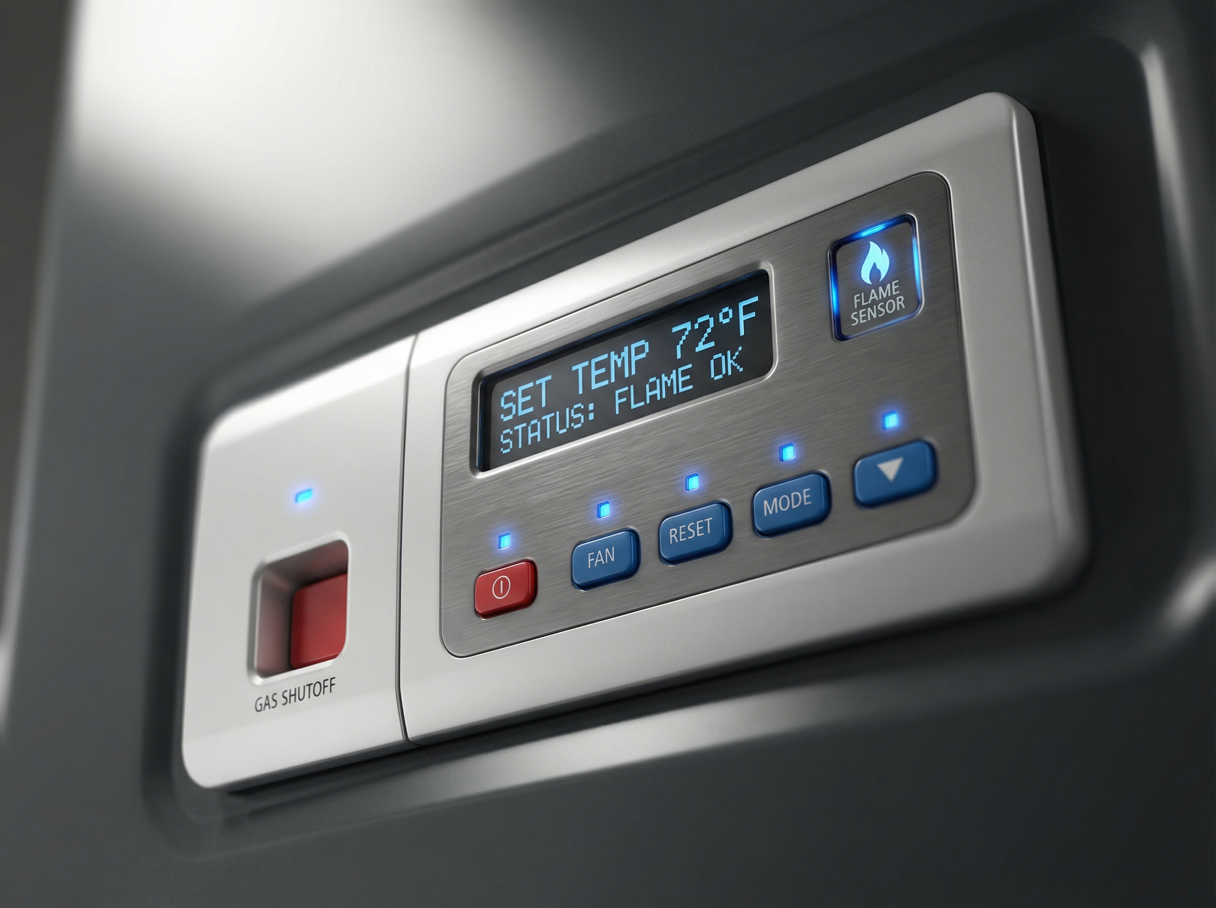 An image depicting a modern gas furnace with highlighted safety features such as carbon monoxide detectors, flame sensors, an