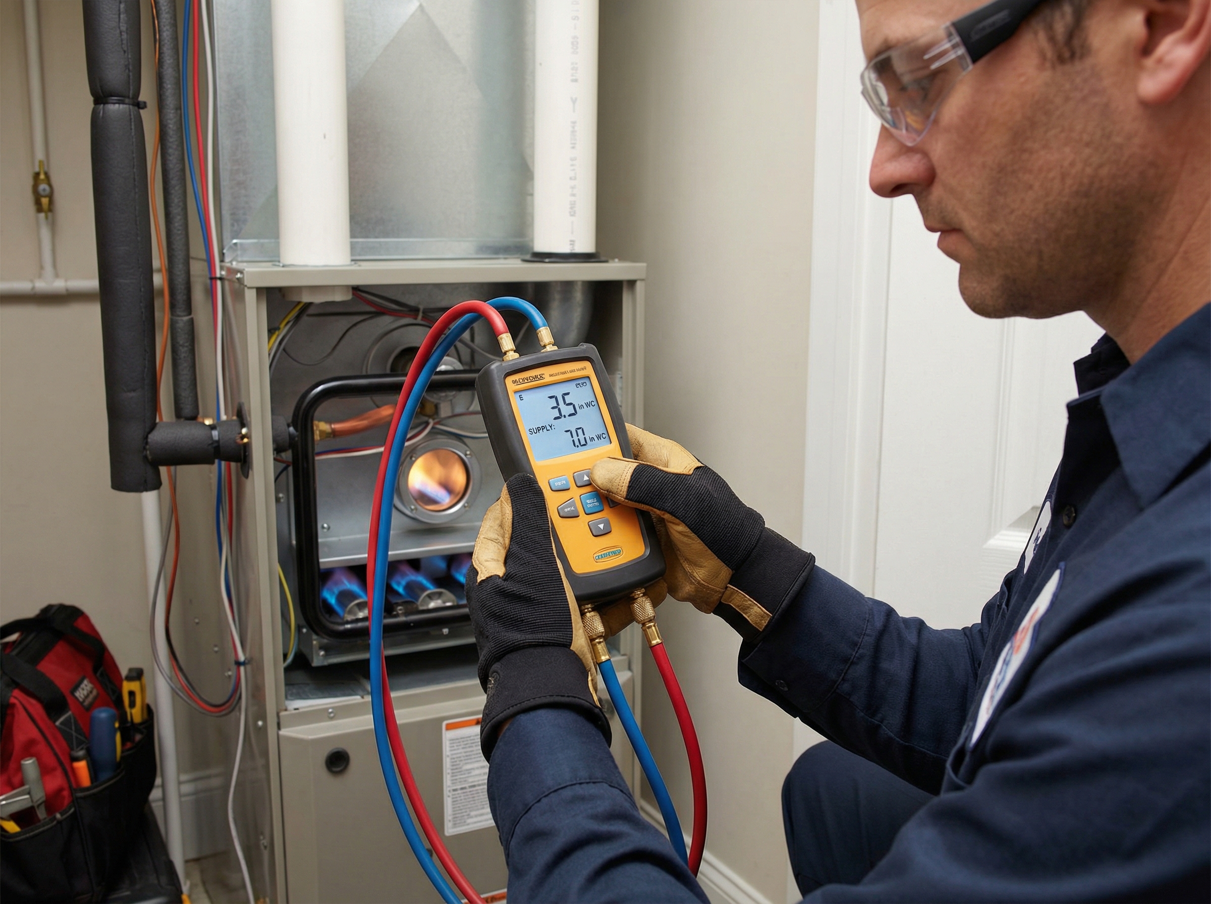 An experienced HVAC technician using a manometer to measure gas pressure on a gas furnace