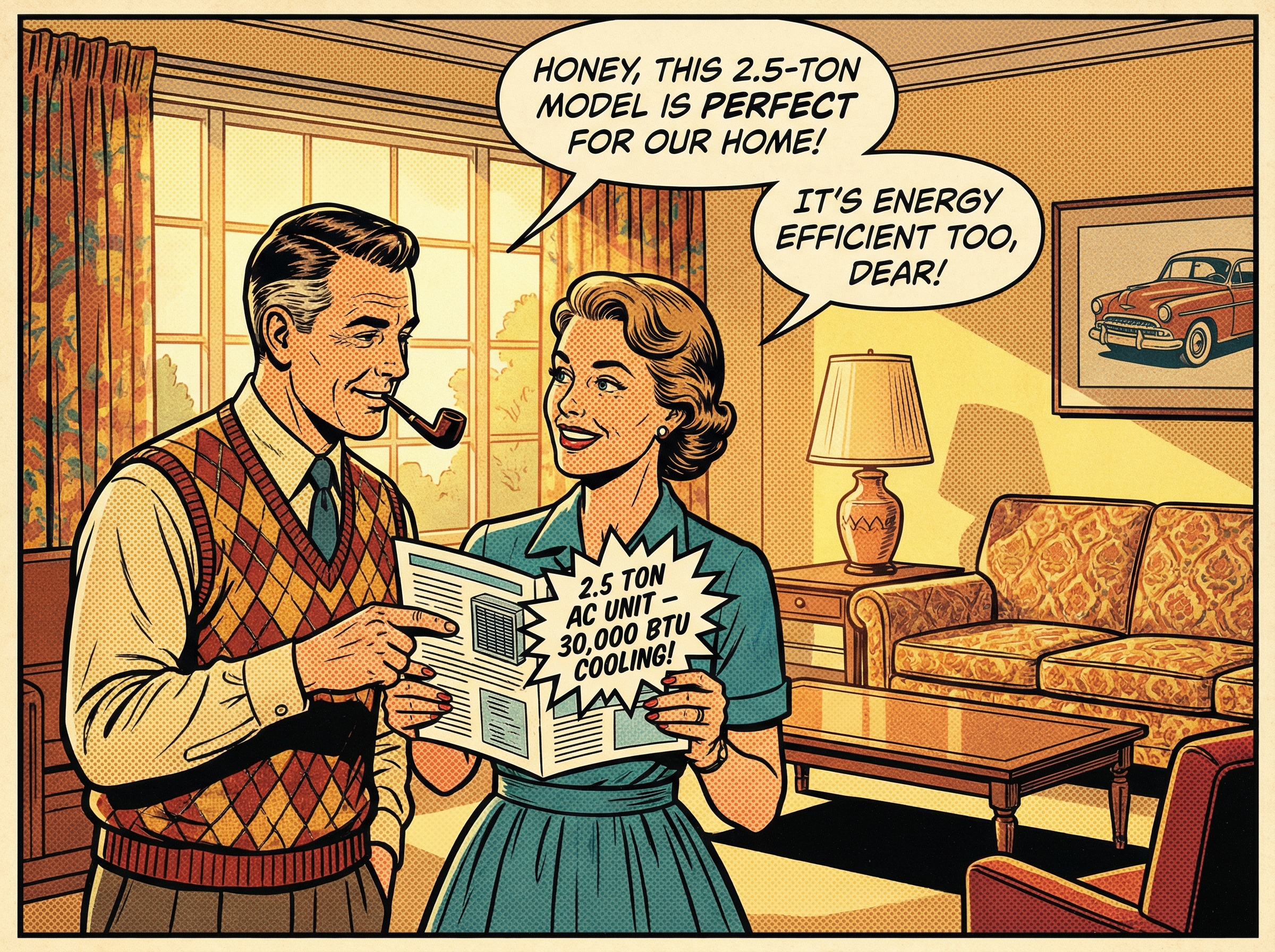 A middle-aged couple standing in their bright, airy living room while discussing air conditioning options