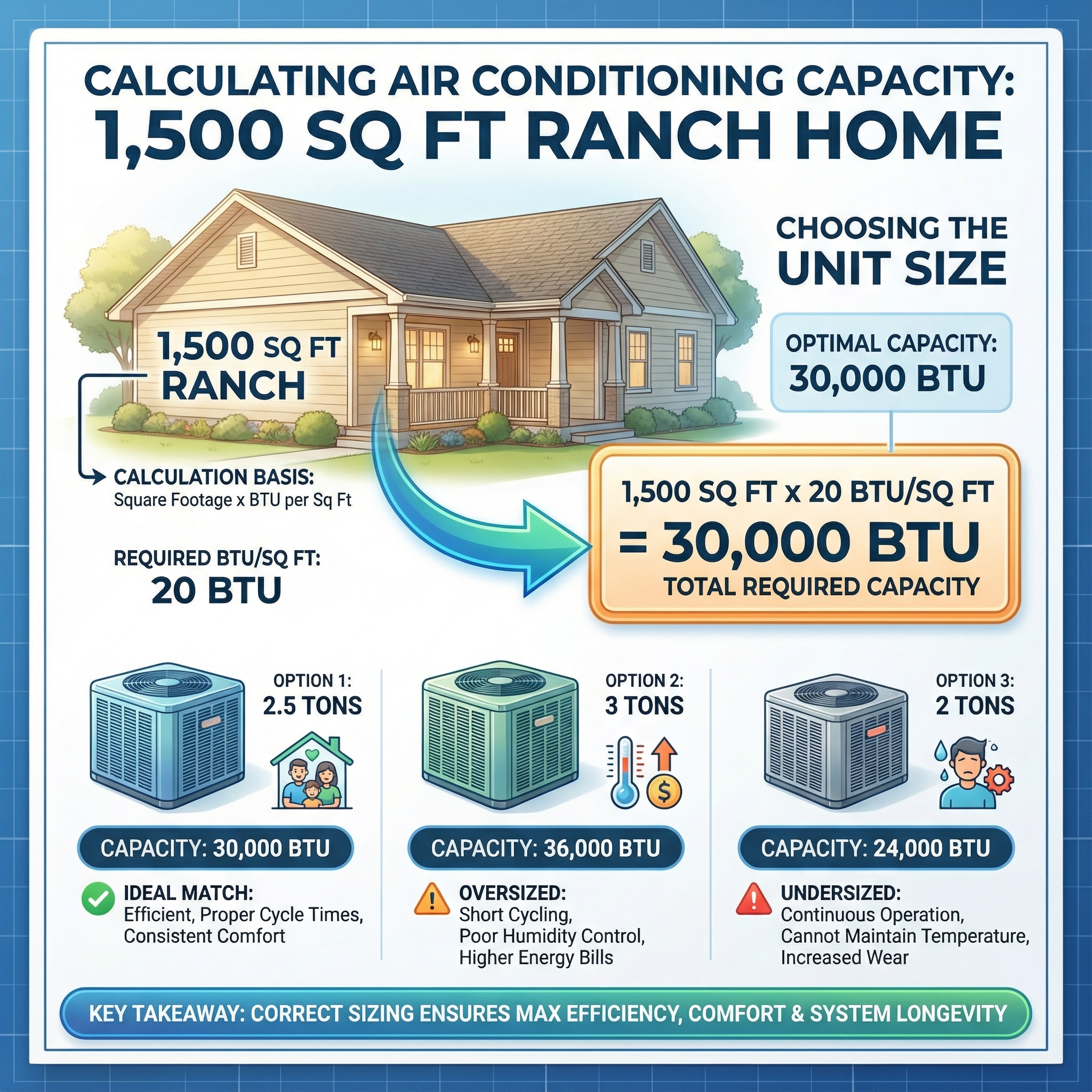 An educational infographic illustrating the calculation of air conditioning capacity for a 1,500 sq ft ranch