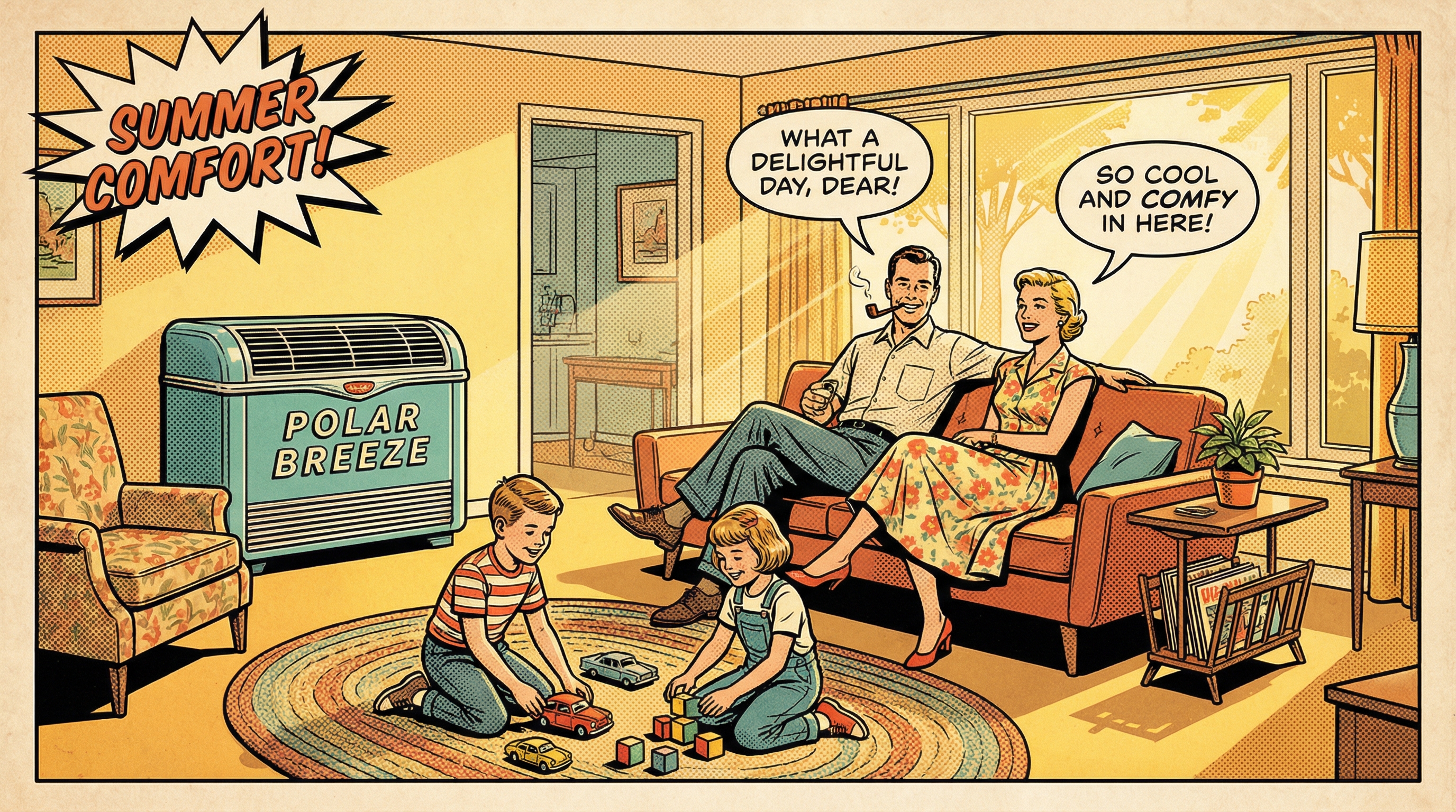 A cheerful family gathered in their cozy 1,500 sq ft ranch-style living room, comfortably enjoying a summer day