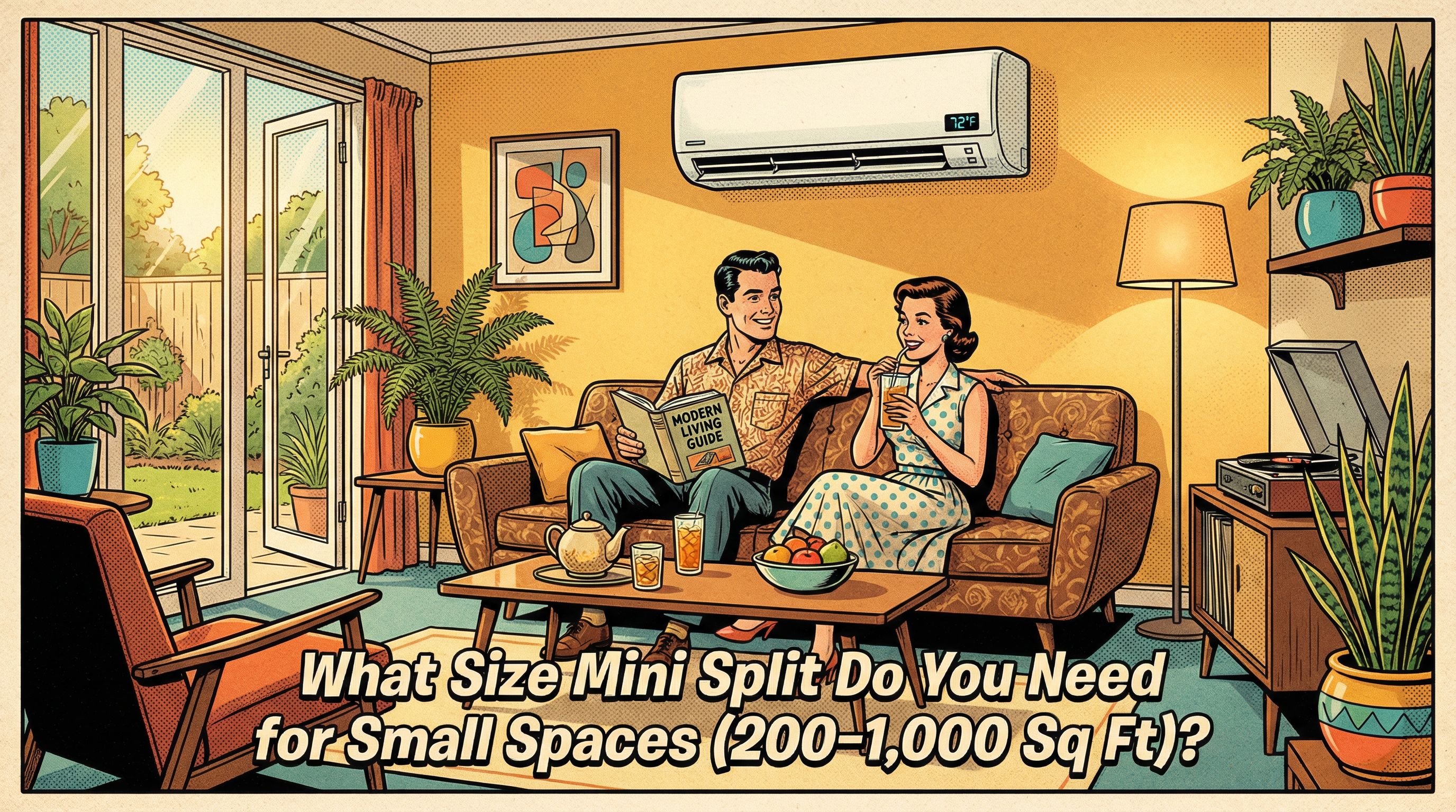 A cozy, well-furnished small living room featuring a modern mini split air conditioning unit mounted high on the wall