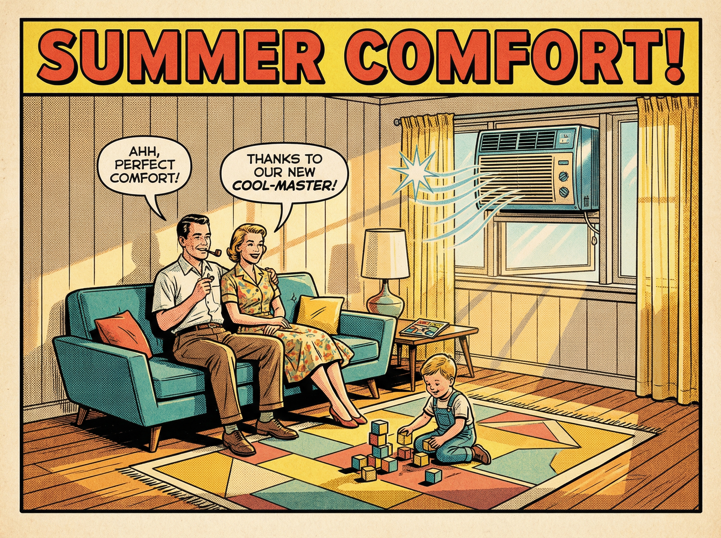 A cozy small living room featuring a 6,000 BTU window air conditioner installed above an open window