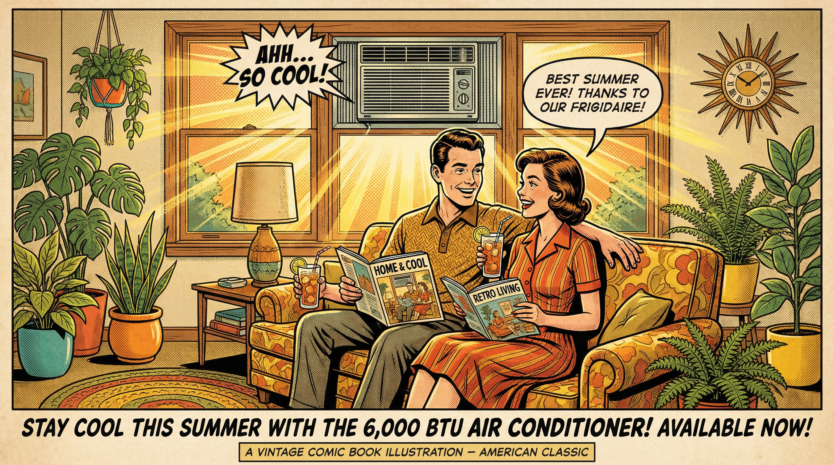 A cozy, vintage-inspired living room with warm golden yellows and muted reds, featuring a window-mounted 6,000 BTU air condit