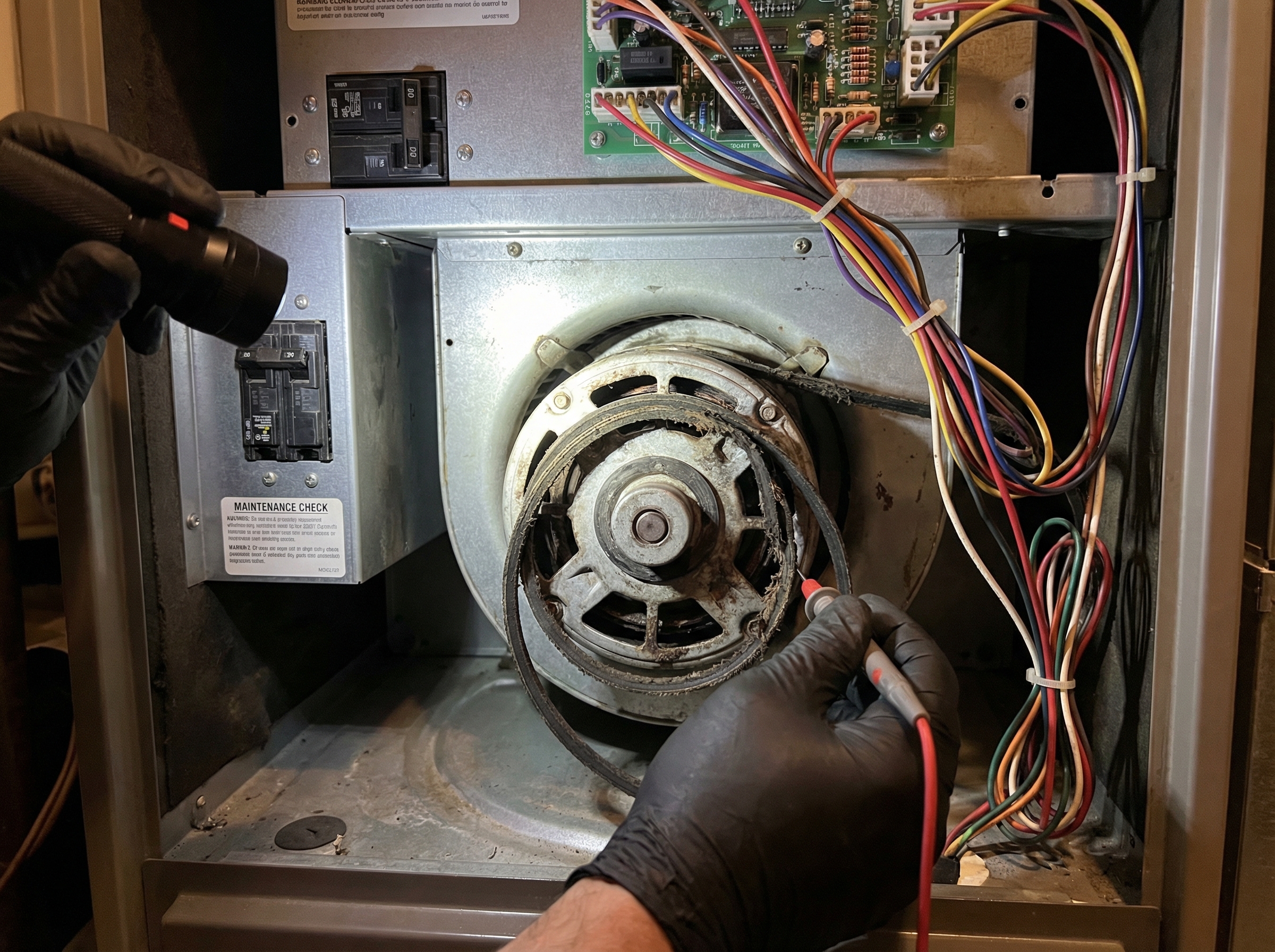 An interior view of a residential furnace showing various components such as the blower motor, belts, and electrical wiring