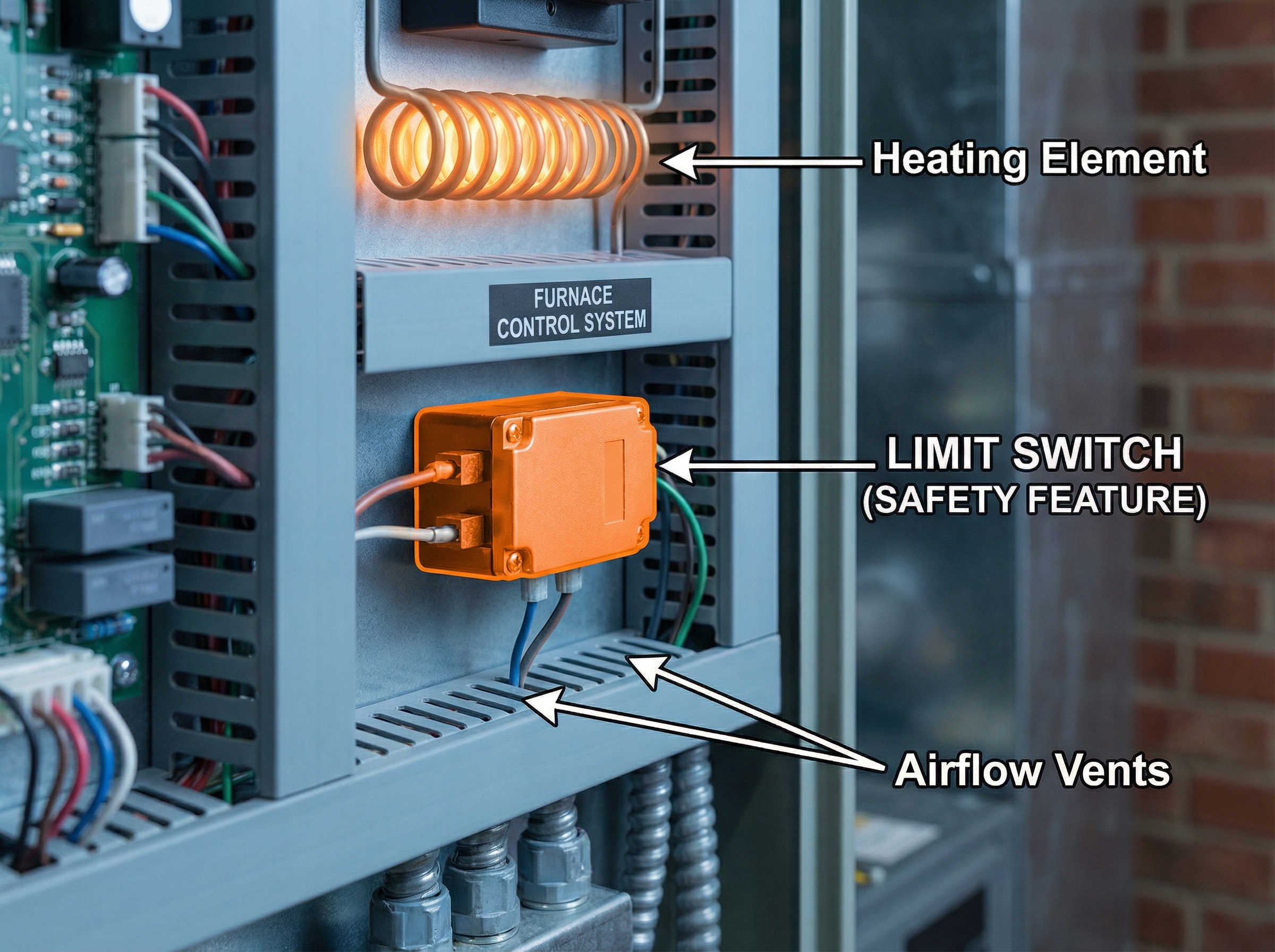 A close-up view of a furnace's limit switch, highlighting its position within the furnace assembly