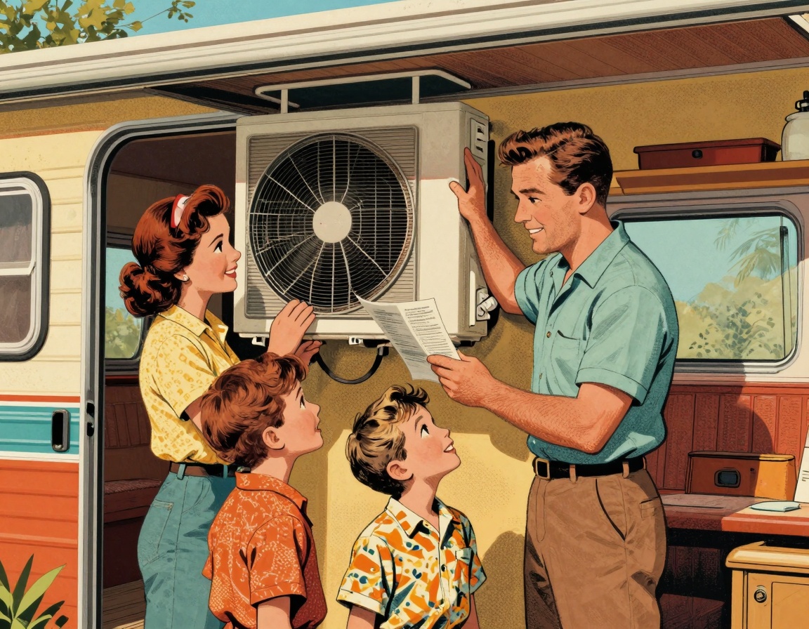 A vibrant illustration of a family setting up a ductless mini-split HVAC system in their mobile home