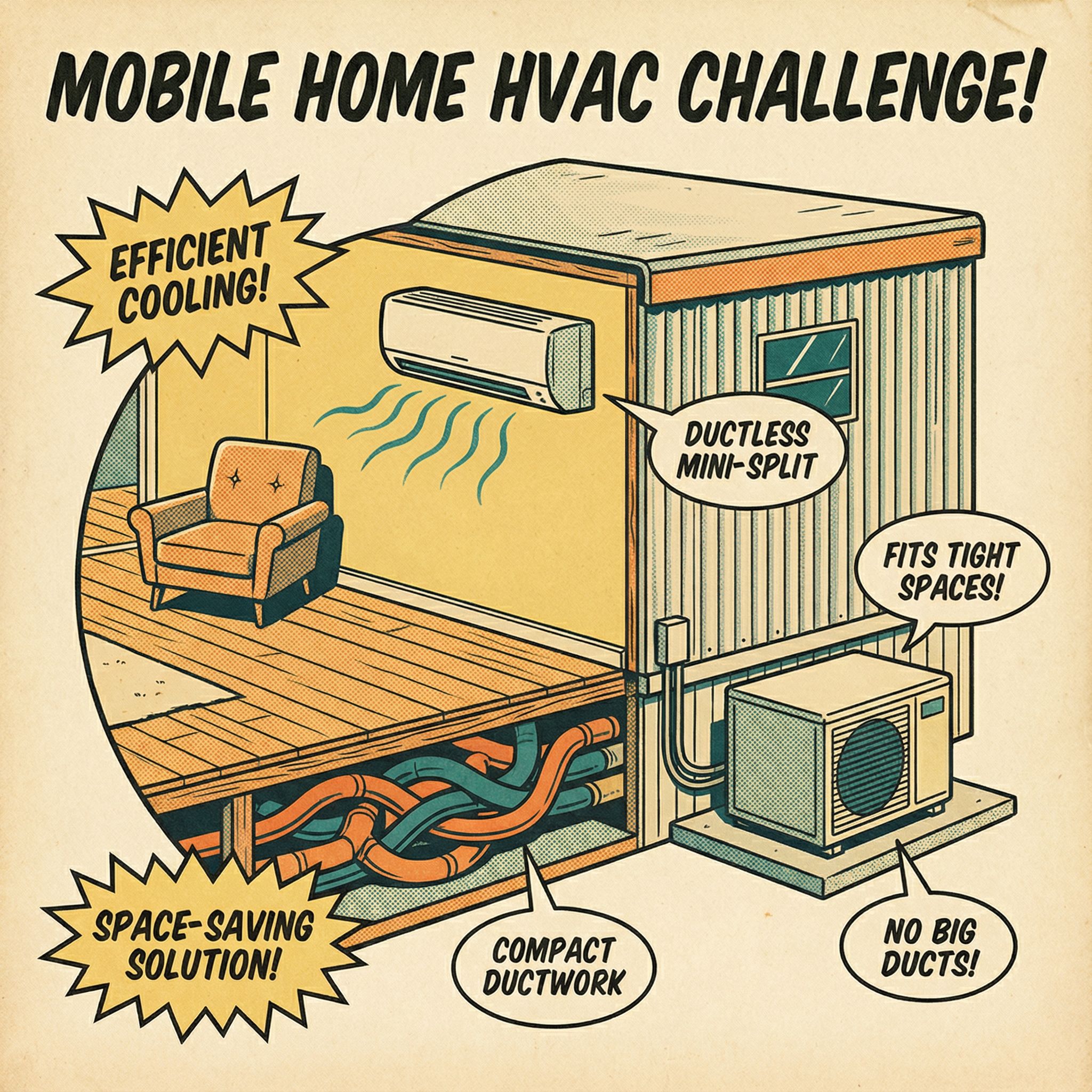 A cutaway view of a mobile home showing an HVAC system installation featuring mobile home HVAC and ductless mini-split