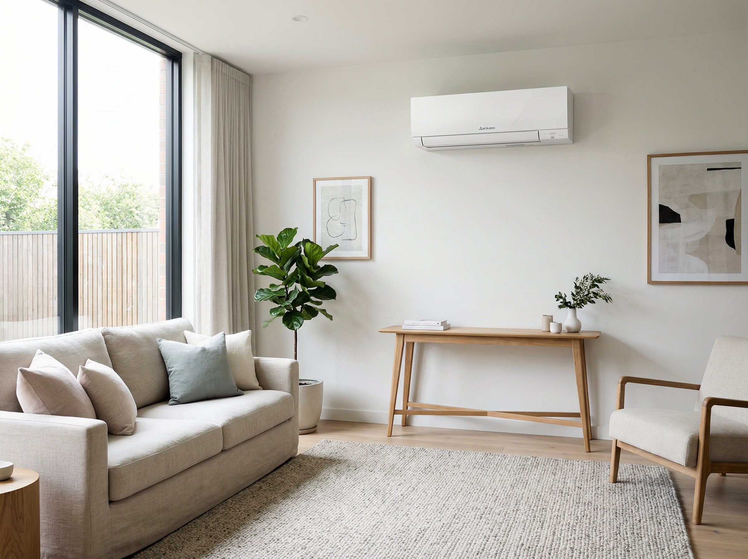 An indoor Mitsubishi wall-mounted air conditioner unit installed on a well-decorated living room wall
