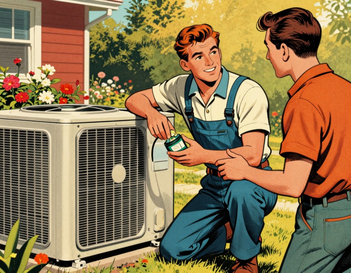 A professional HVAC technician is working on a central air conditioning unit in a residential backyard