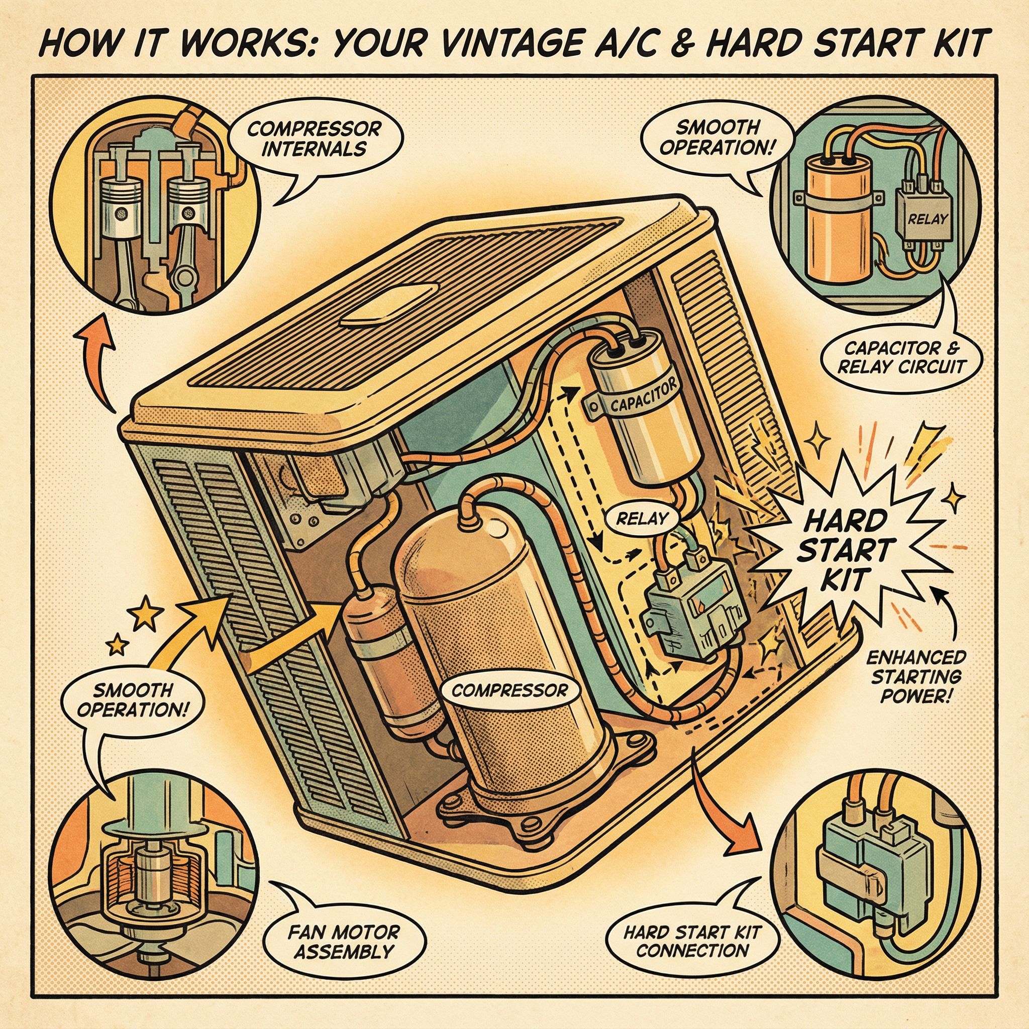 A vintage-style cutaway illustration of a central air conditioning unit with a hard start kit integrated