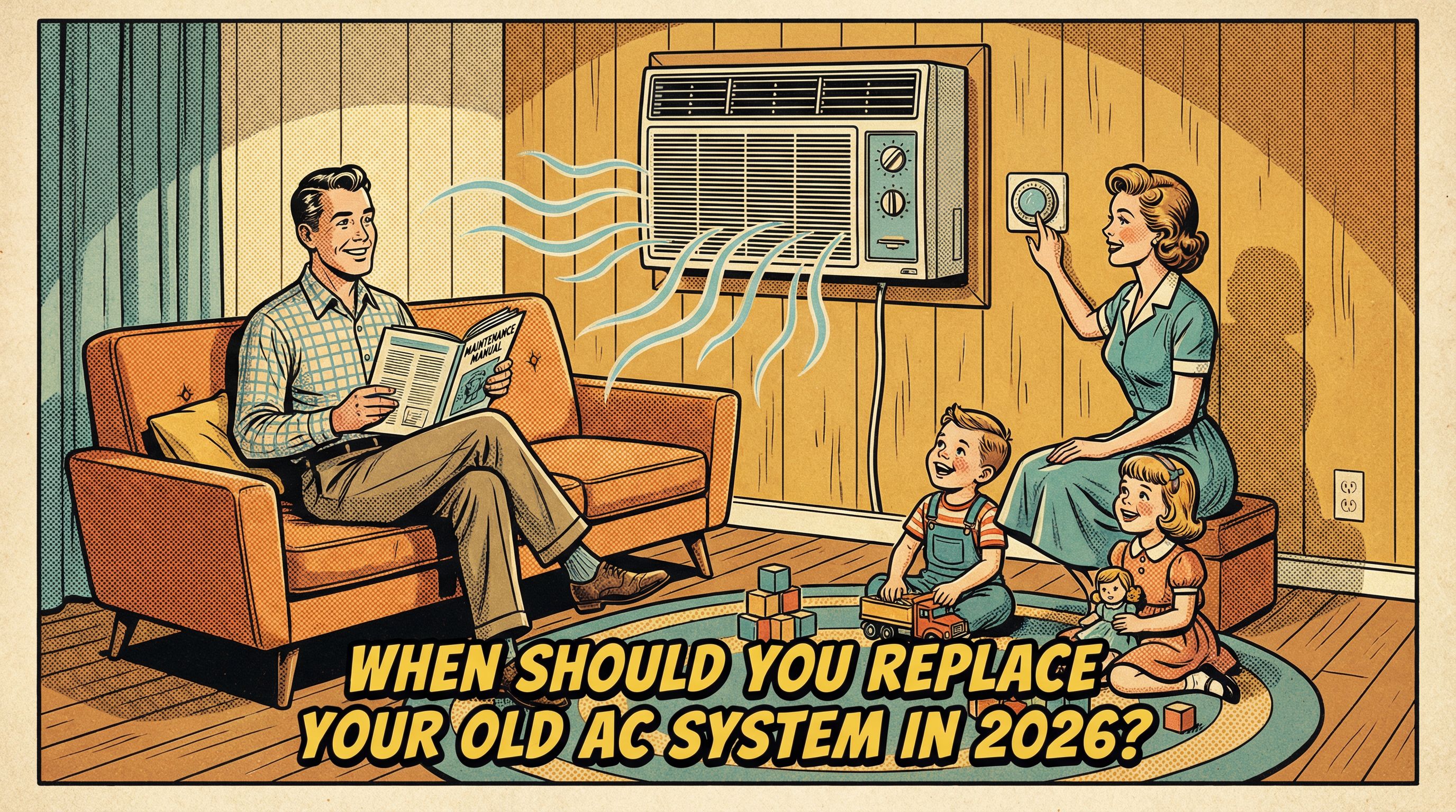 A family in a cozy, retro-styled living room during a hot summer day, interacting with a vintage air conditioning unit