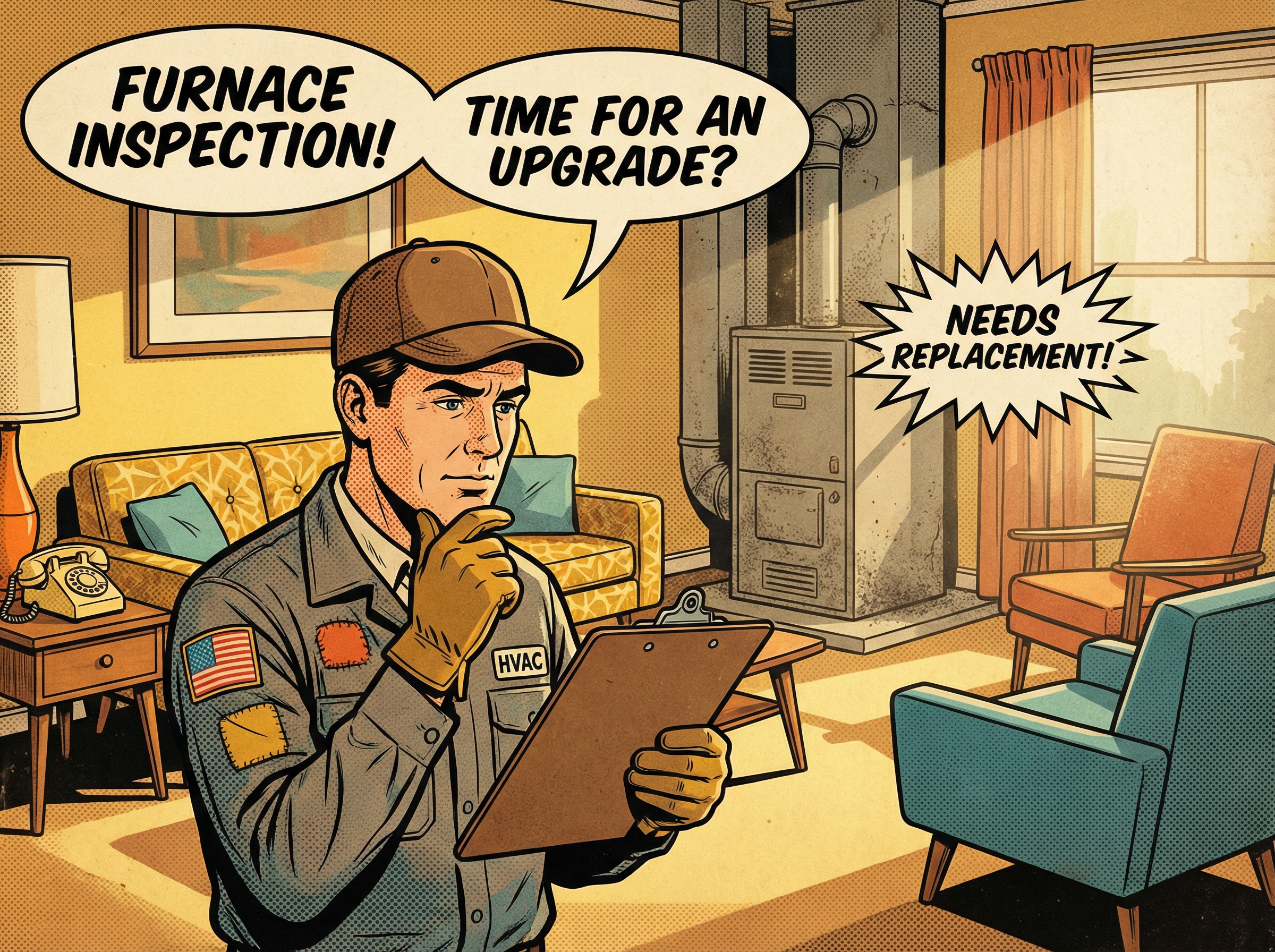 An HVAC technician in vintage attire, wearing a classic cap and work gloves, inspects a furnace in a cozy, retro-styled livin