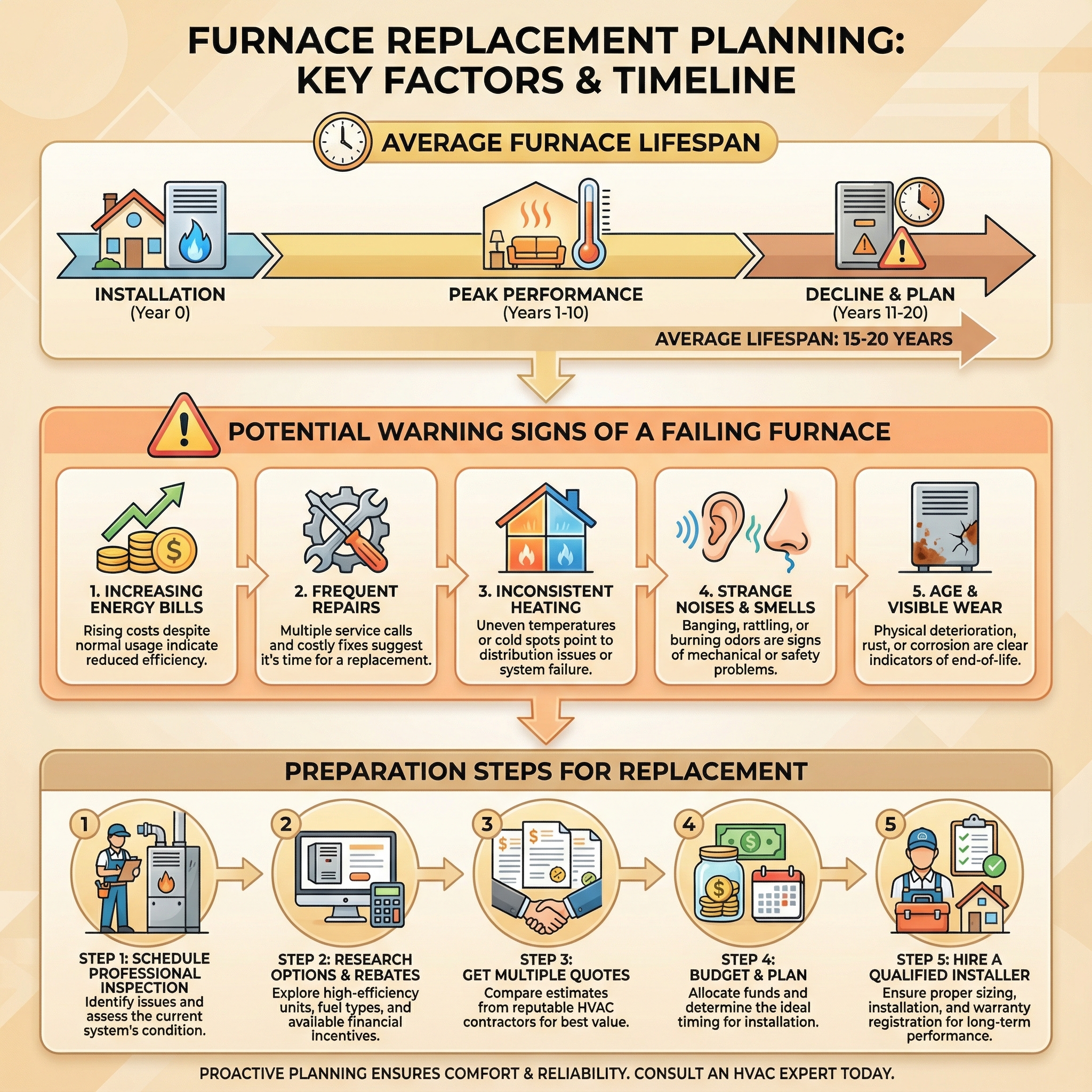 An informative infographic demonstrating the key factors to consider when planning for a new furnace