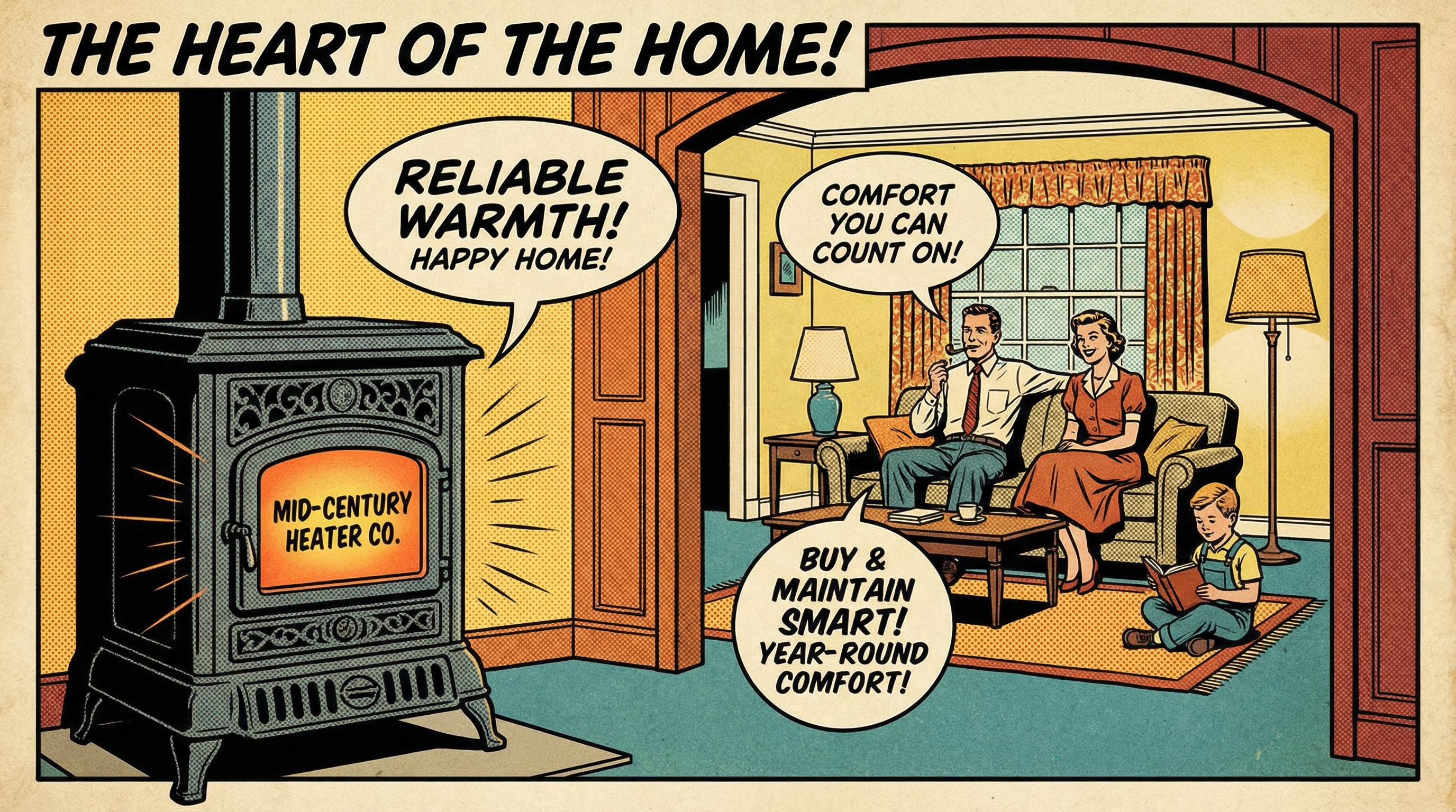 A warm and inviting living room featuring a vintage furnace prominently in the foreground