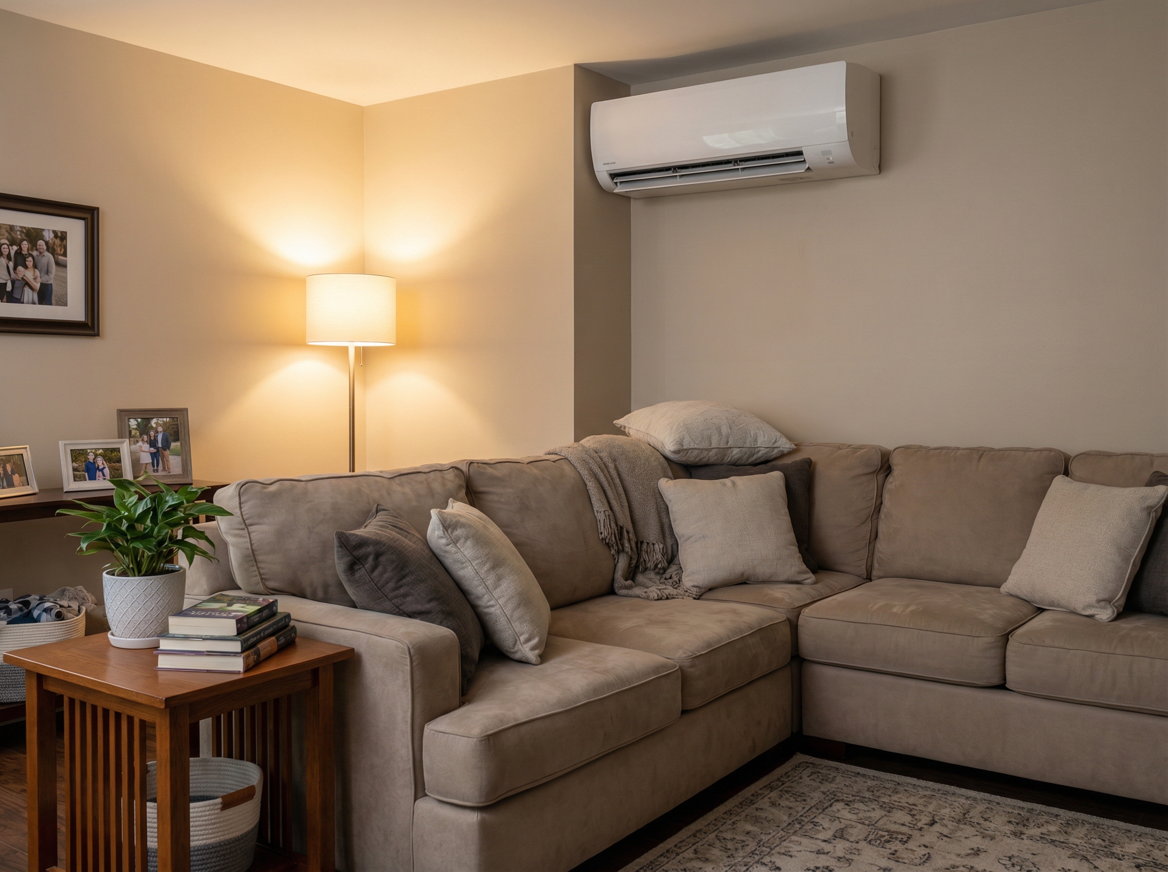 An indoor setting showcasing incorrect placement of a ductless mini split unit mounted too close to a corner with furniture o