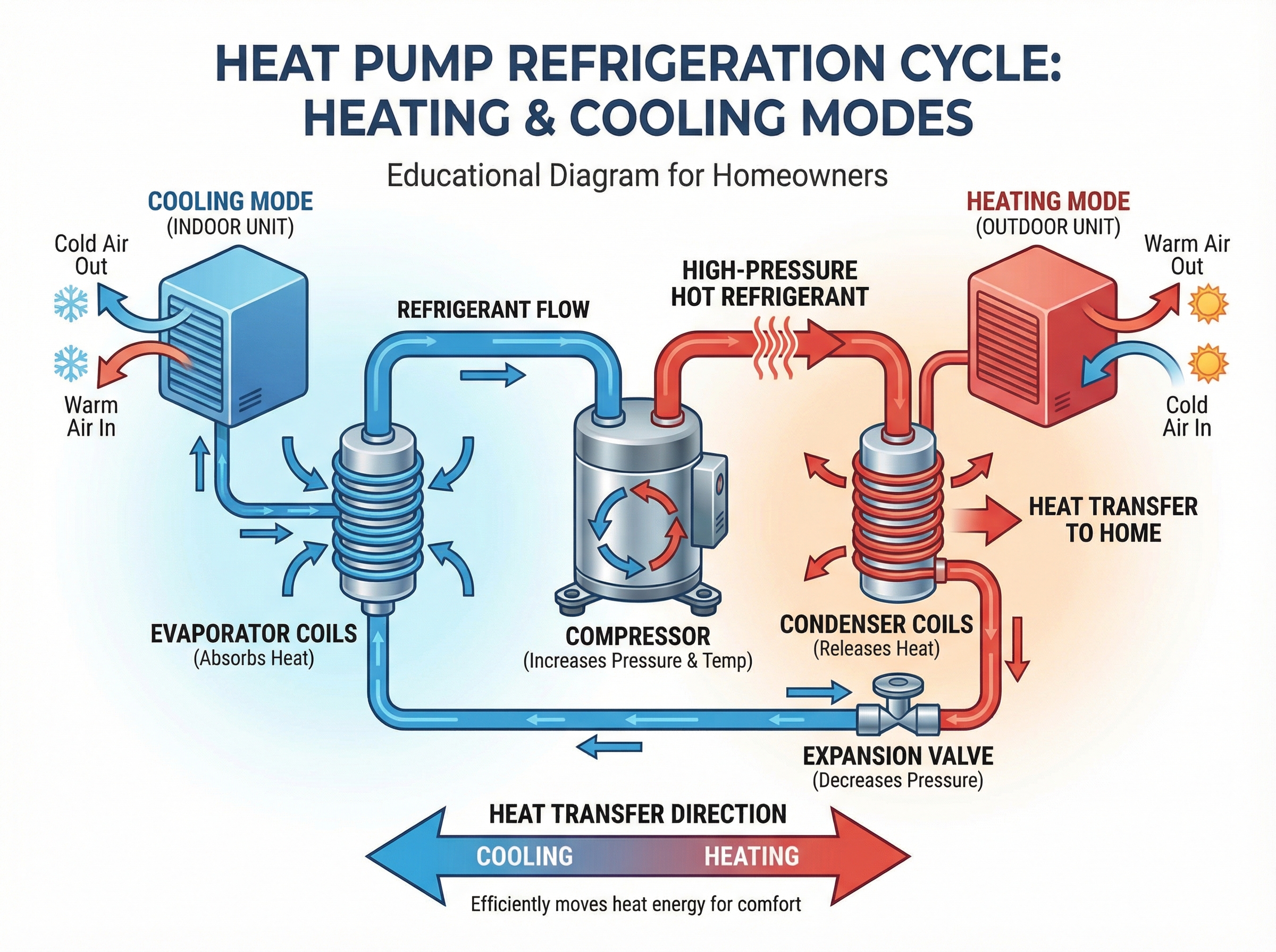 An illustrative diagram of the refrigeration cycle used in heat pumps, showing key components like the evaporator, compressor