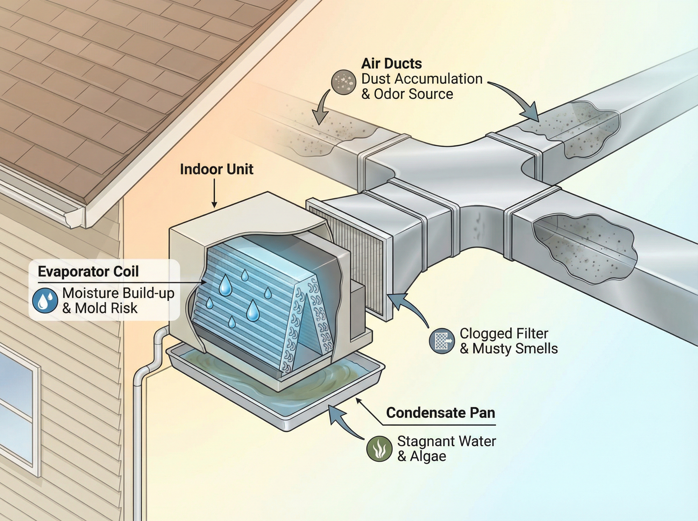 A close-up view of an air conditioning unit with visible signs of mold and dirt around the evaporator coil