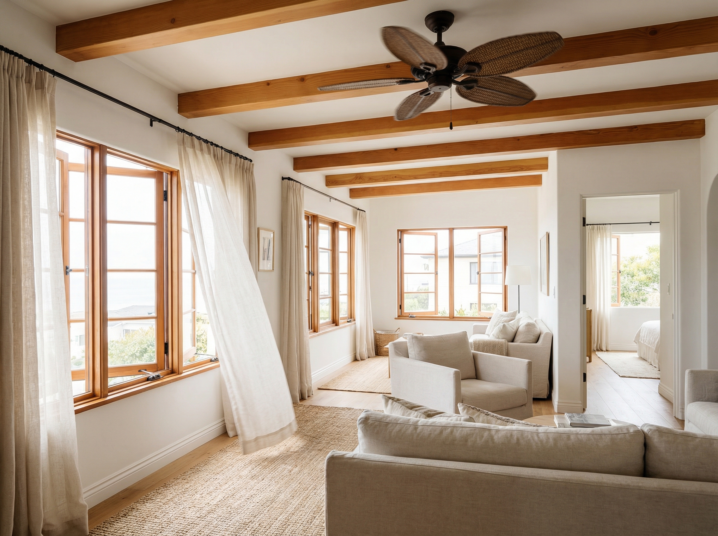 An interior view of a classic California home showcasing passive cooling features