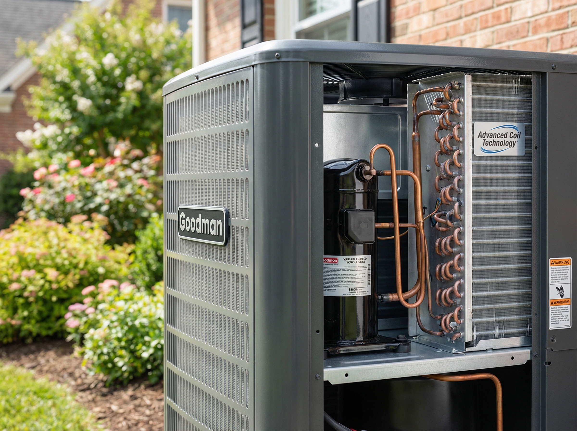 A highly detailed close-up view of a Goodman air conditioning unit, showcasing its variable-speed compressor and advanced coi