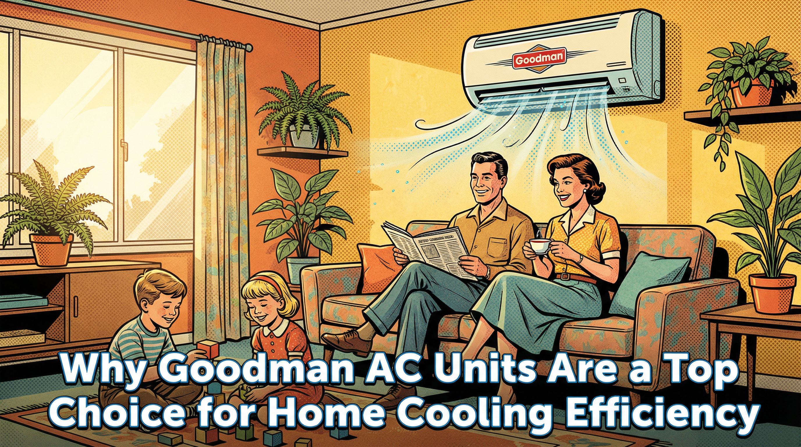 A cheerful family of four enjoying a comfortable living room on a hot summer day, with a Goodman air conditioning unit visibl
