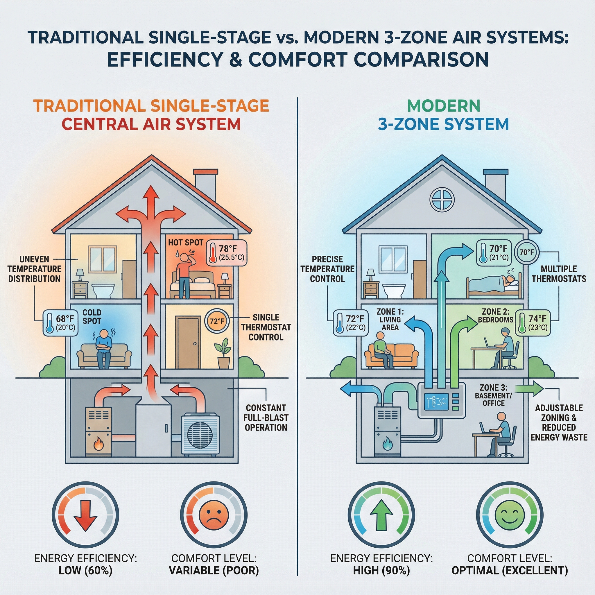 An infographic illustrating the differences between traditional single-stage central air systems and modern 3-zone systems