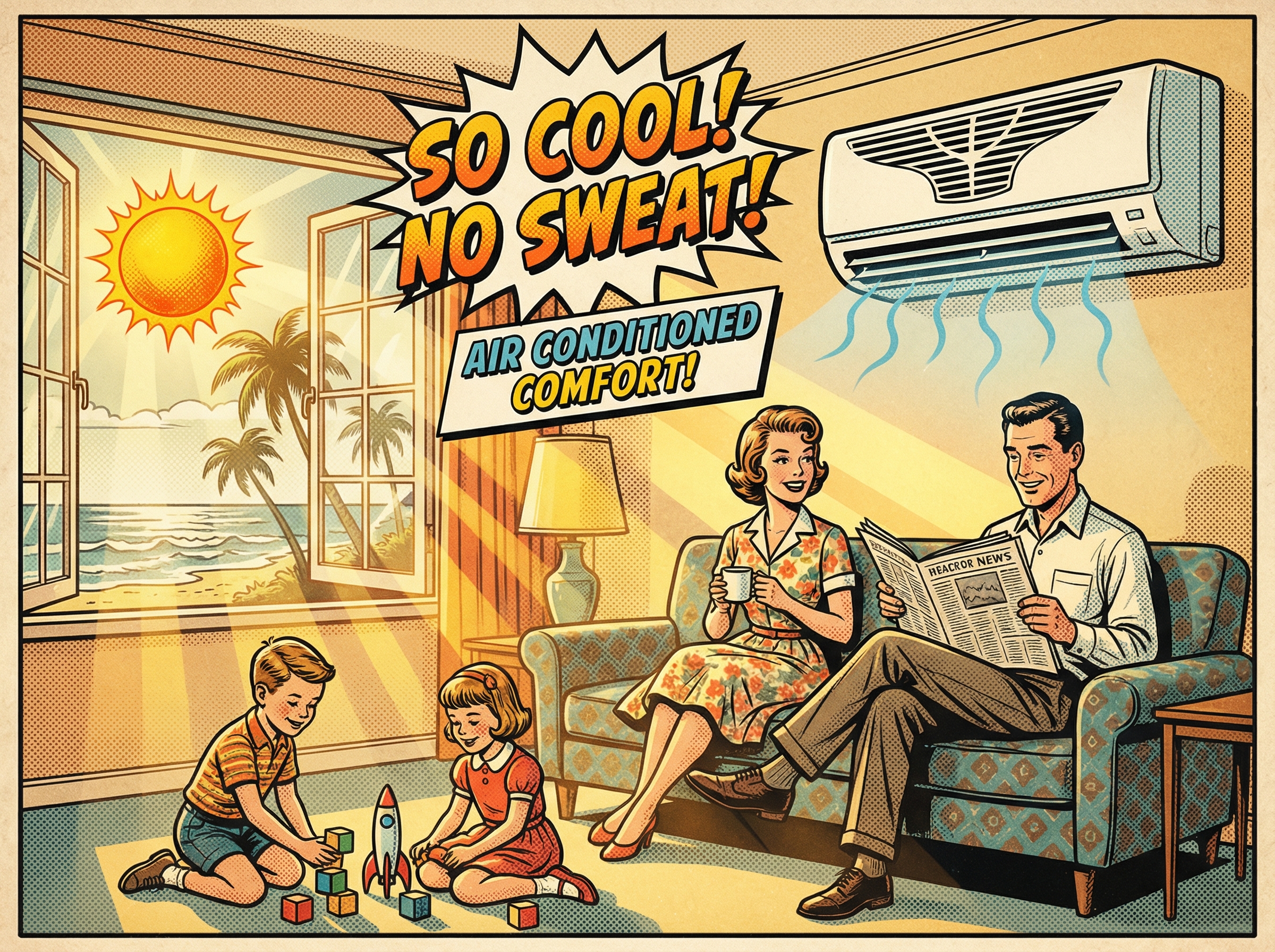 A vibrant 1950s-style illustration showing a family in their living room, where a modern air conditioning unit is prominently