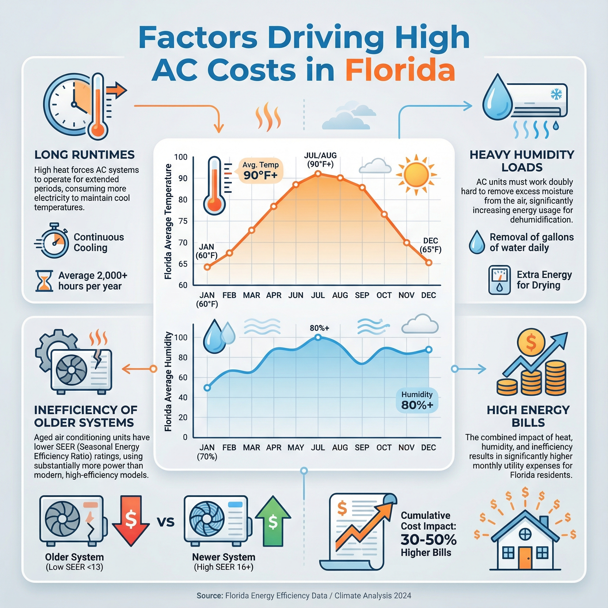 An informative infographic detailing the impact of Florida's hot and humid climate on air conditioning systems