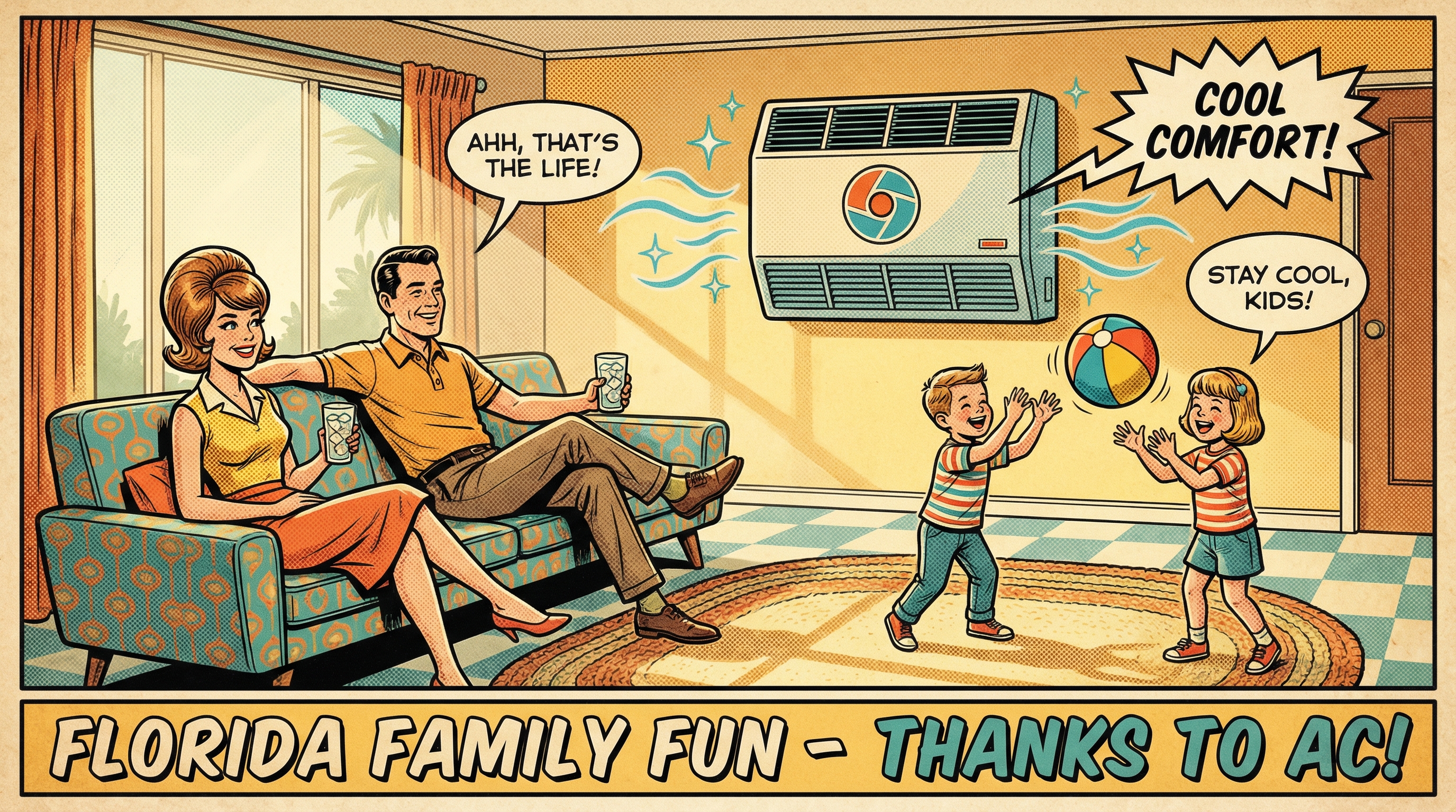 A lively scene depicting a family enjoying a summer day inside their Florida home while relying on their air conditioner