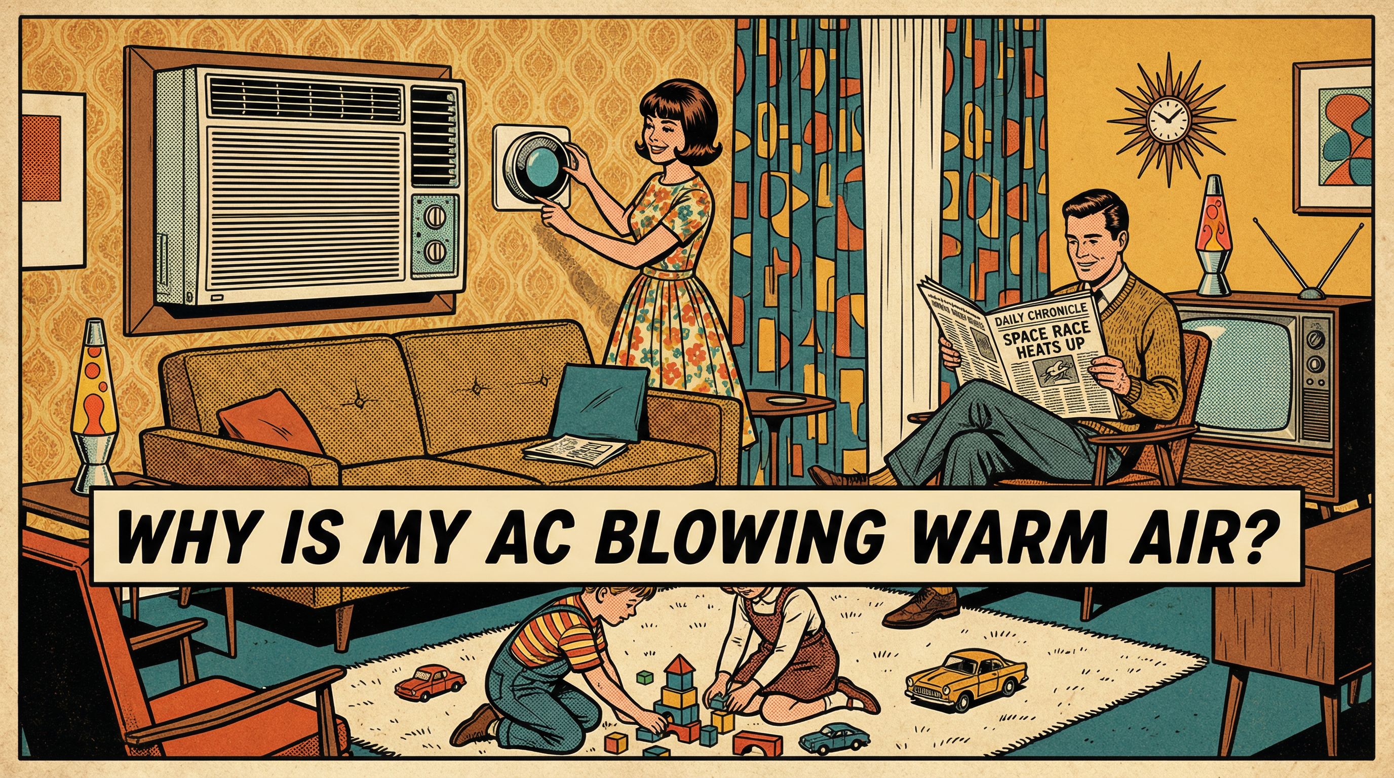 A vintage-inspired living room scene depicting a family in the 1960s, interacting with a retro air conditioning unit