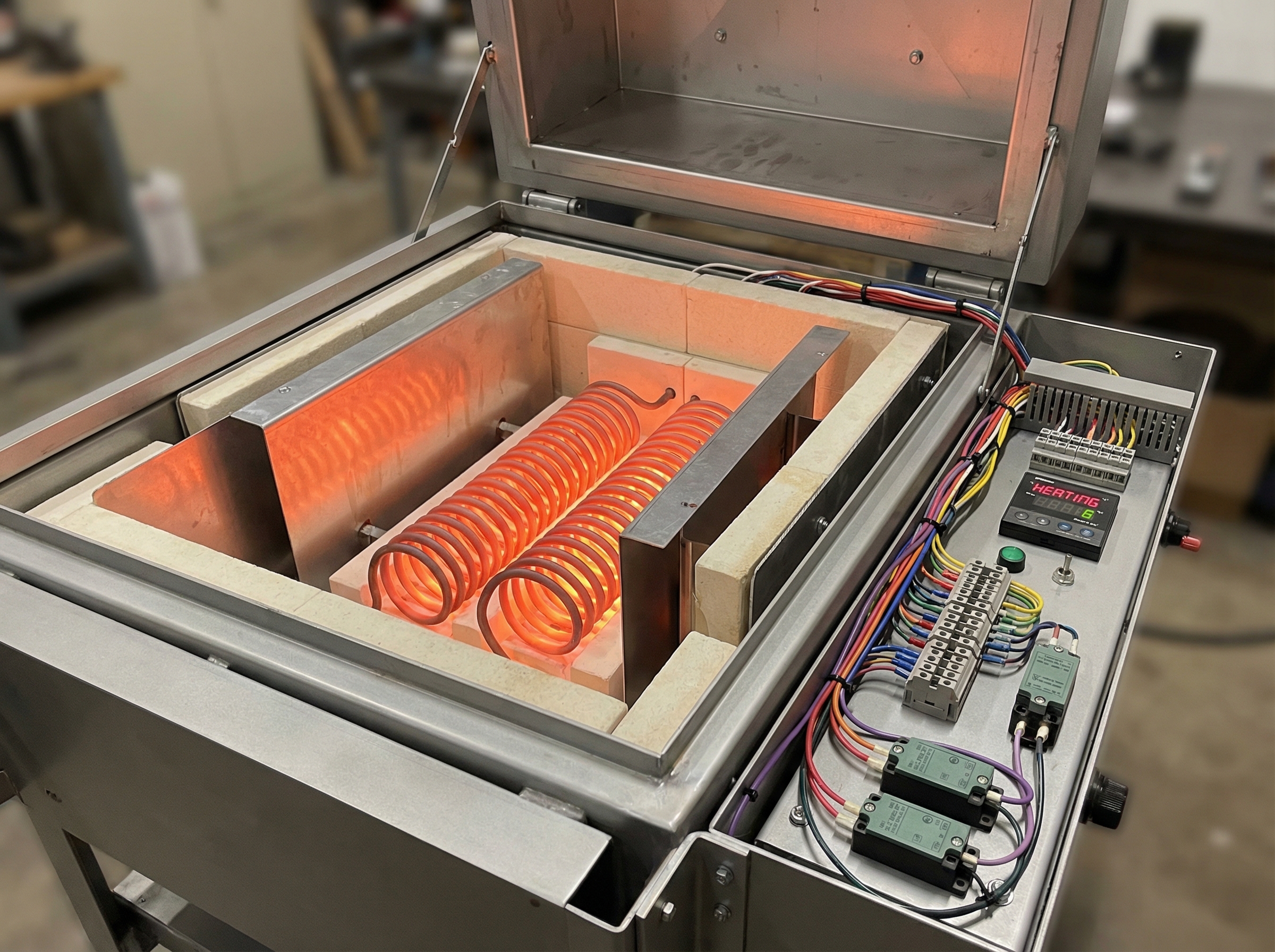 A close-up view of an electric furnace displaying its internal components, including resistance heating elements that resembl