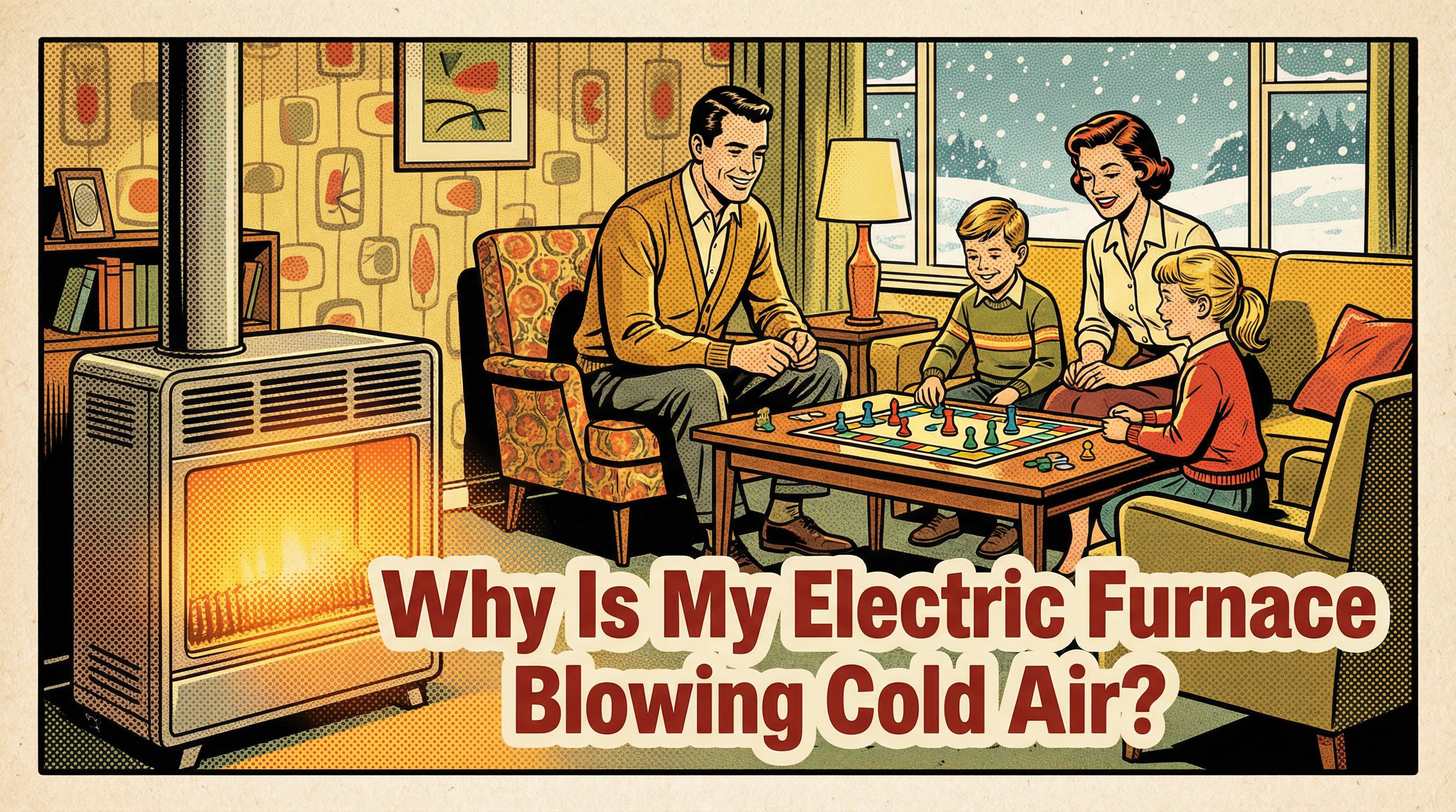 A cozy living room scene featuring a family gathered around an electric furnace