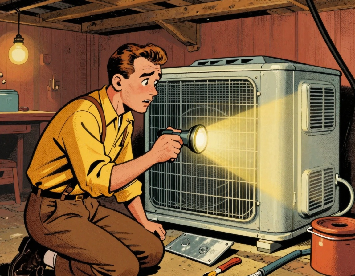 A vintage-inspired illustration depicting a homeowner inspecting their HVAC unit in the basement