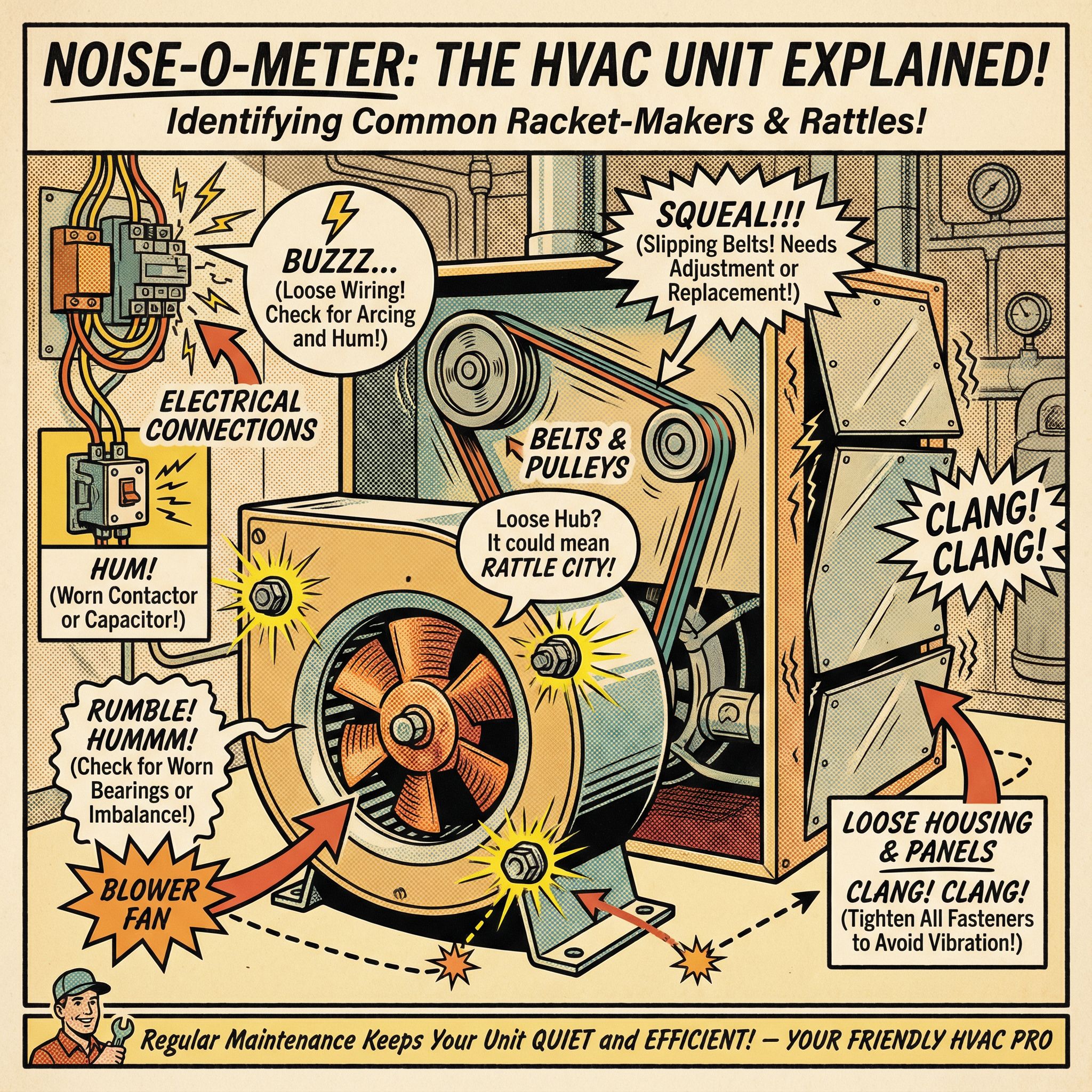 A cross-section view of an HVAC unit showcasing various parts responsible for noise generation
