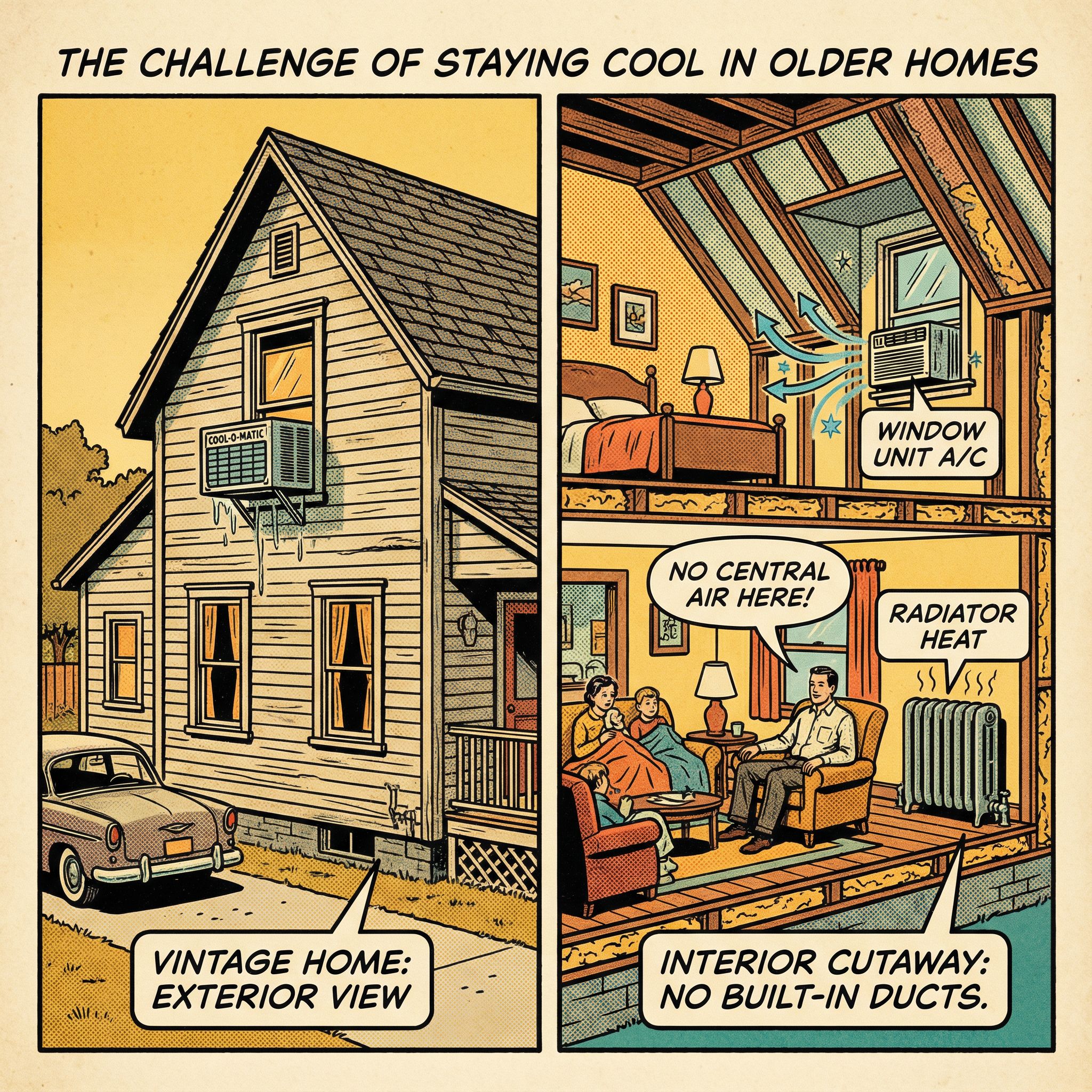 A cutaway view of an older home showcasing its lack of central air conditioning