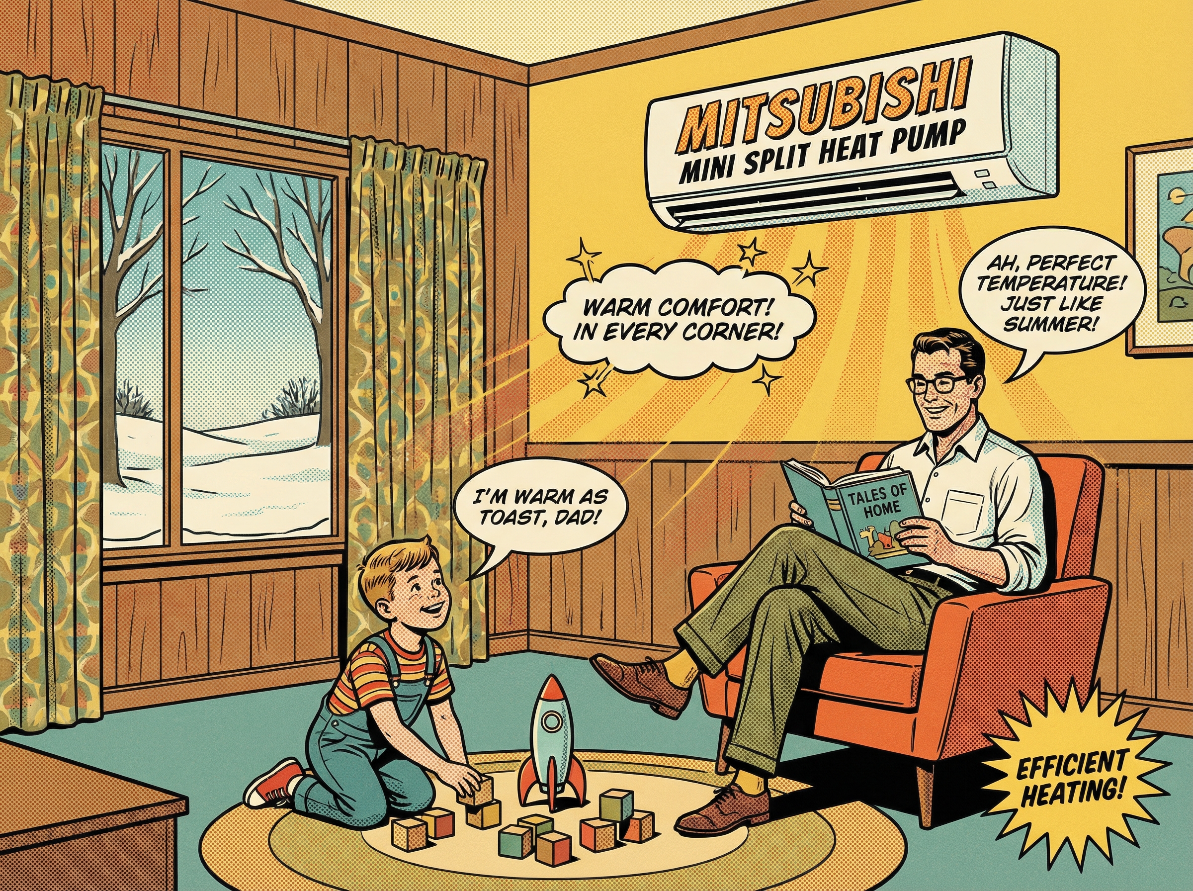A cozy living room scene featuring a family enjoying the comfort of a Mitsubishi mini split heat pump