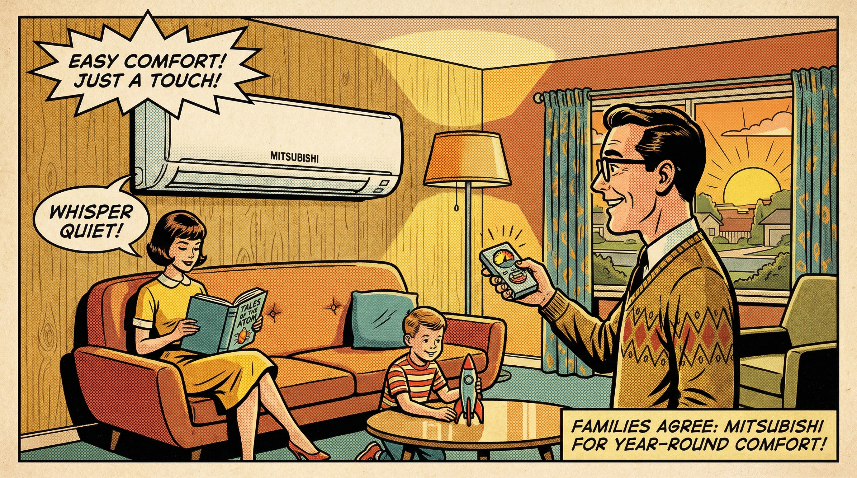 A cozy living room scene featuring a Mitsubishi mini split heat pump mounted on the wall