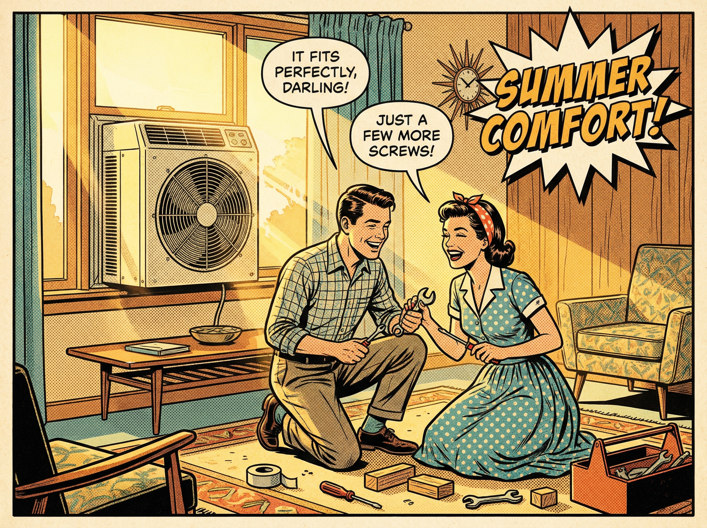 A mid-century living room scene featuring a young couple installing a window AC unit during a hot summer day