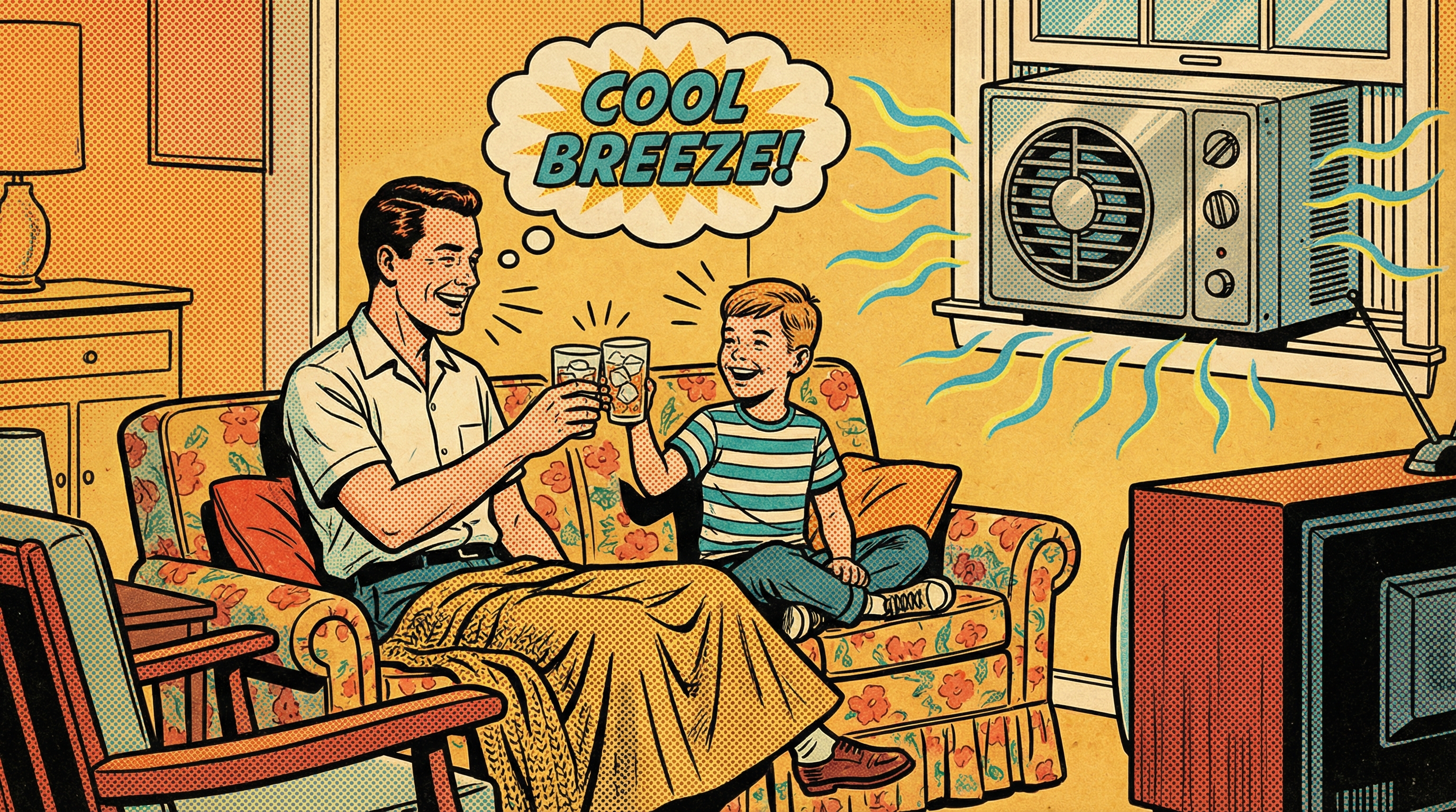 A vibrant living room scene depicting a family enjoying a warm summer day, with a window air conditioning unit prominently in