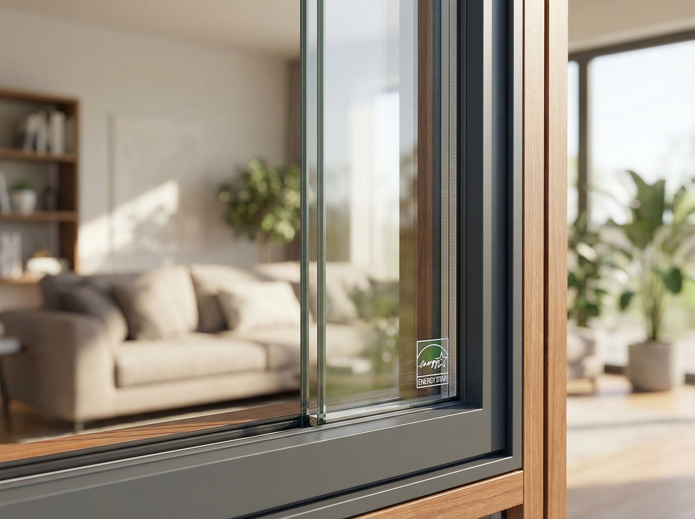 A close-up view of an energy-efficient window demonstrating double glazing with a Low-E coating
